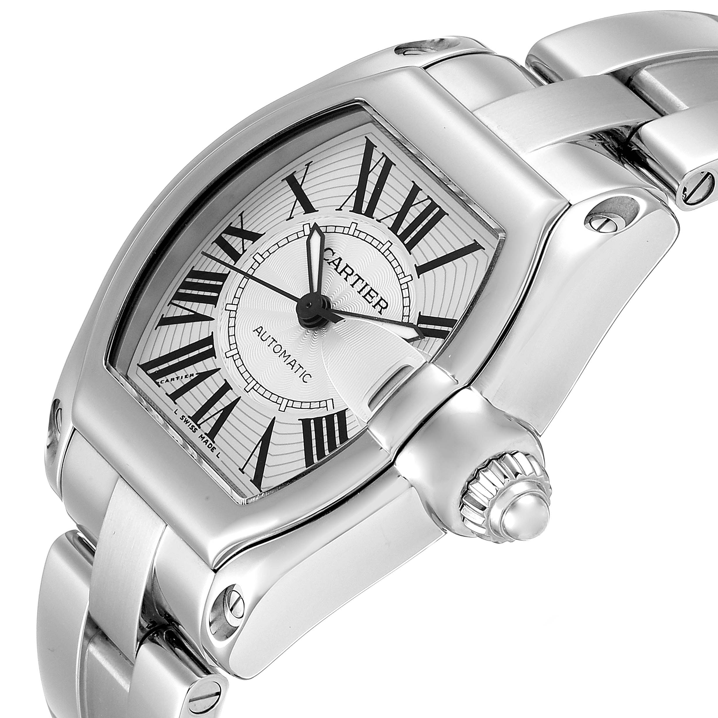 This image shows a close-up, angled view of the dial and partial bracelet of a Cartier Roadster W62025V3 Men
s Stainless Steel Silver Dial W62025V3 Men
s Stainless Steel Silver Dial watch.