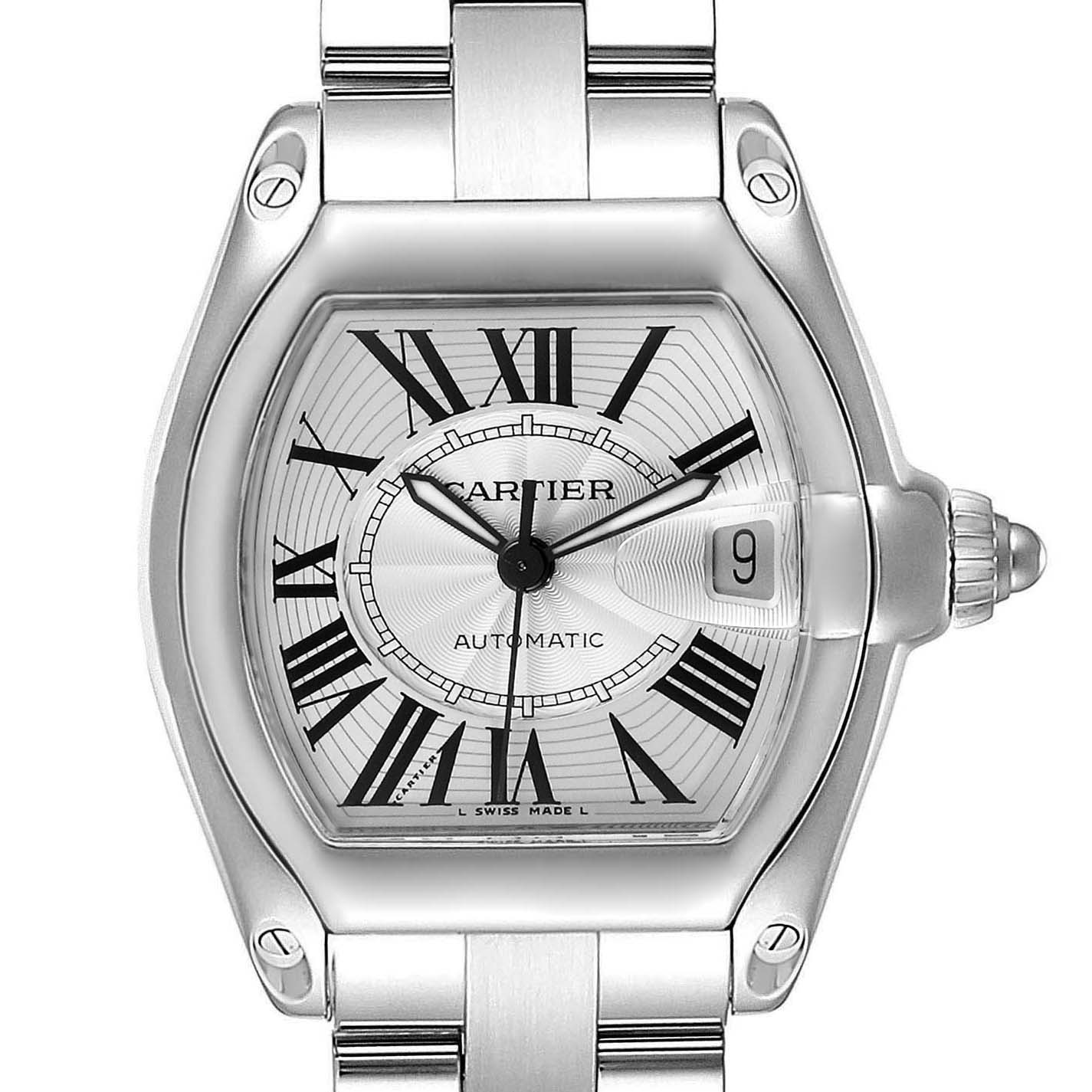 This image shows a front view of the Cartier Roadster W62025V3 Men
s Stainless Steel Silver Dial W62025V3 Men
s Stainless Steel Silver Dial watch, focusing on the dial, bezel, and part of the strap.