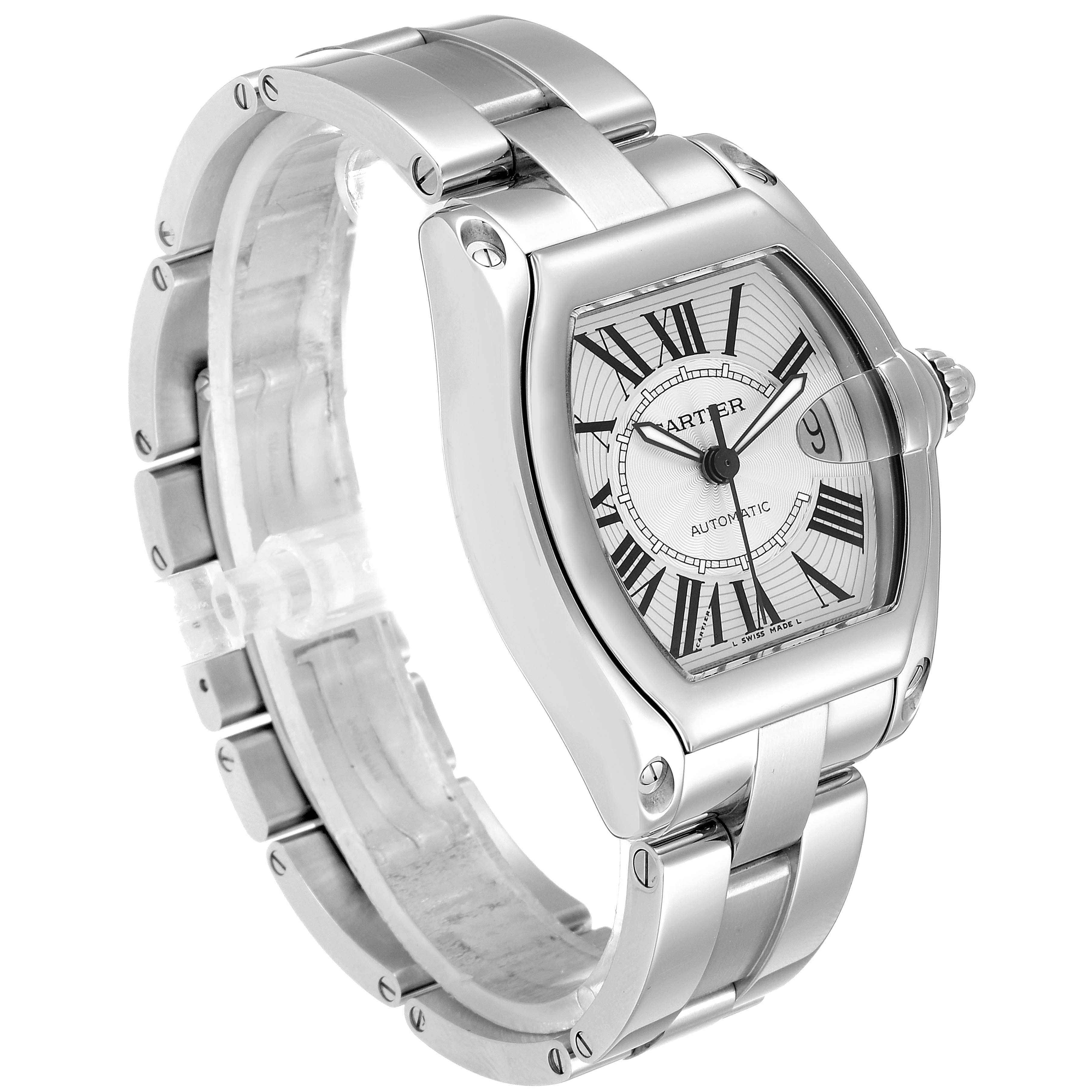 This image shows a front-left angled view of the Cartier Roadster W62025V3 Men
s Stainless Steel Silver Dial W62025V3 Men
s Stainless Steel Silver Dial watch, highlighting its face, case, and bracelet.