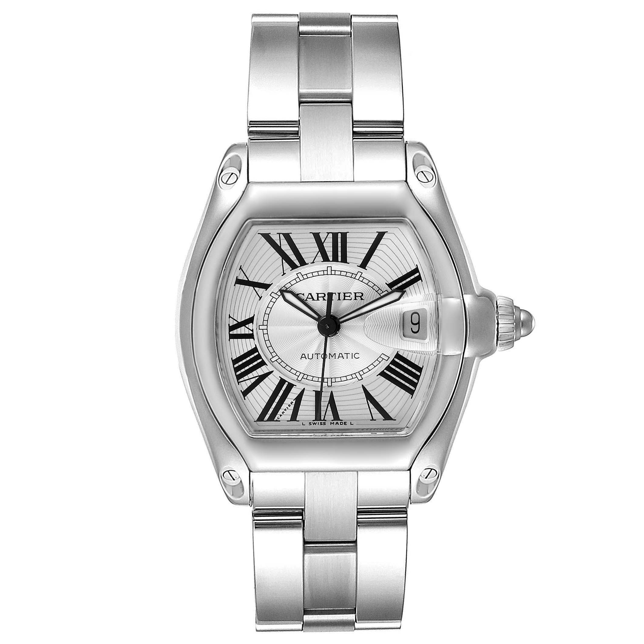 The image shows a frontal view of the Cartier Roadster W62025V3 Men
s Stainless Steel Silver Dial W62025V3 Men
s Stainless Steel Silver Dial watch, displaying its dial, hands, case, and metal bracelet.