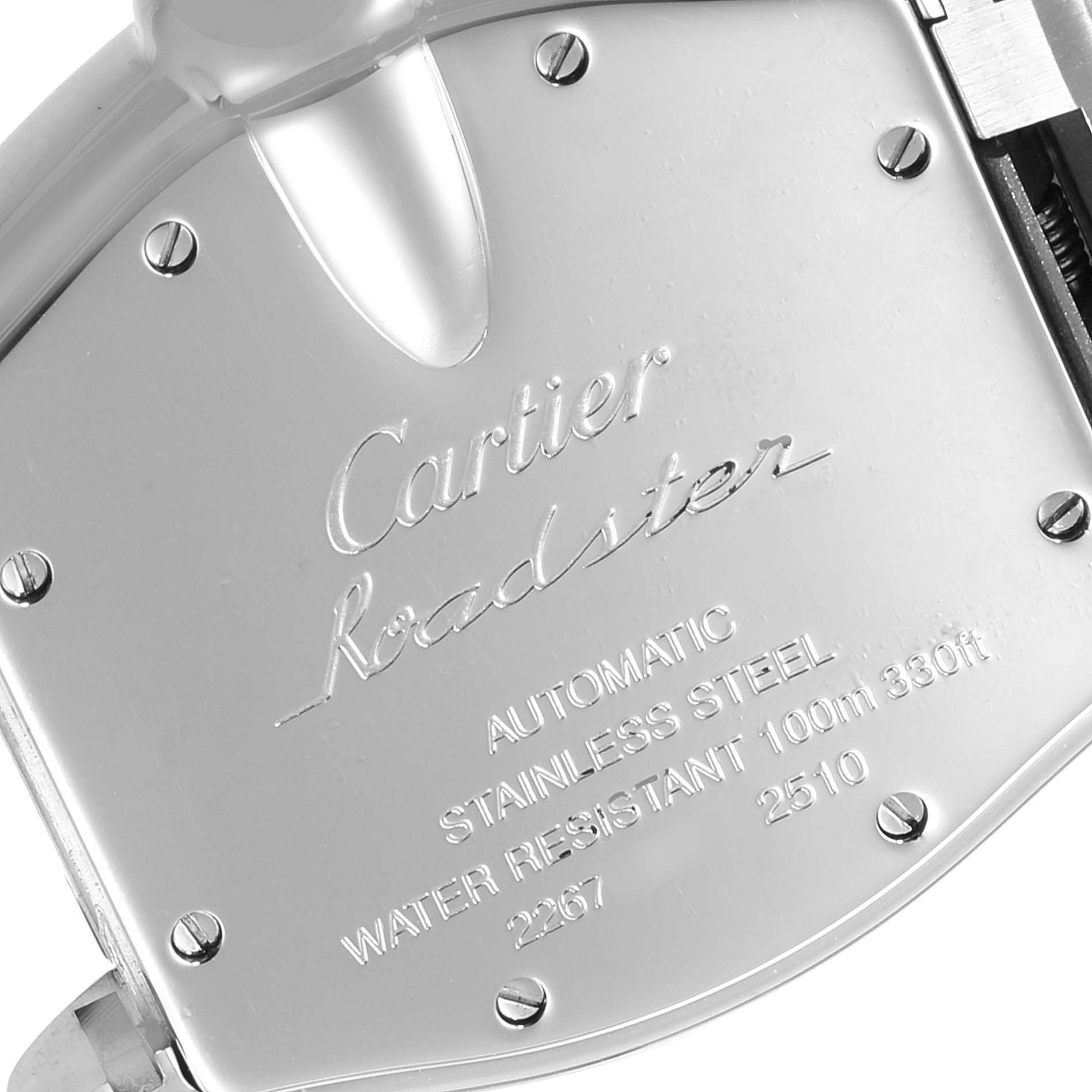 The image shows the back case of a Cartier Roadster W62025V3 Men
s Stainless Steel Silver Dial W62025V3 Men
s Stainless Steel Silver Dial watch, highlighting its model information and material details.