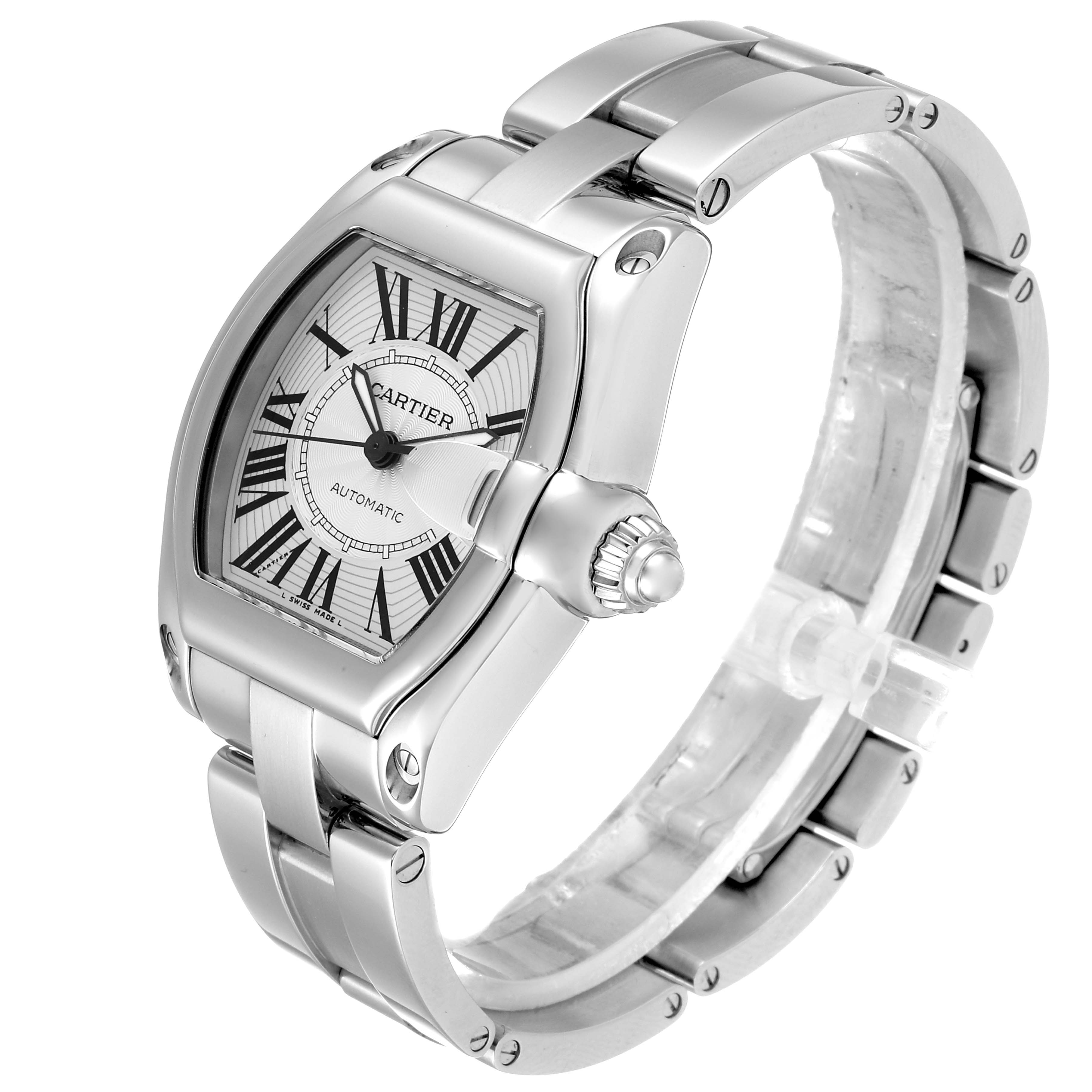 The image shows a Cartier Roadster W62025V3 Men
s Stainless Steel Silver Dial W62025V3 Men
s Stainless Steel Silver Dial watch angled to display the face, partial strap, and crown.