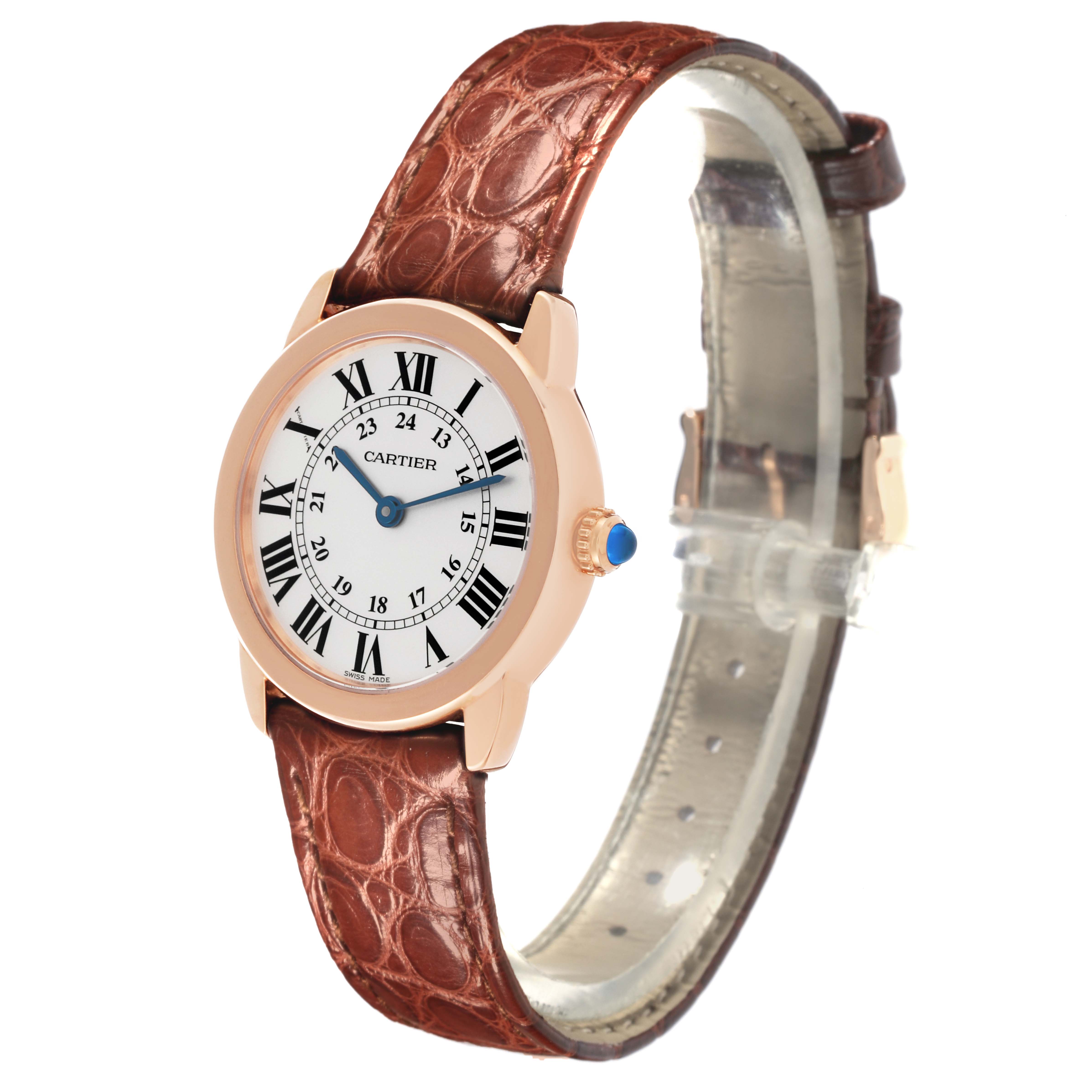 The Cartier Ronde W6701007 Women's Steel and Gold (two tone) Silver Dial W6701007 Women's Steel and Gold (two tone) Silver Dial watch is shown at a three-quarter angle, highlighting its face, gold-rimmed case, and brown leather strap.