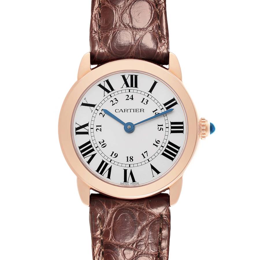 The Cartier Ronde model watch is shown from the front, displaying its dial, Roman numerals, hands, and leather strap.