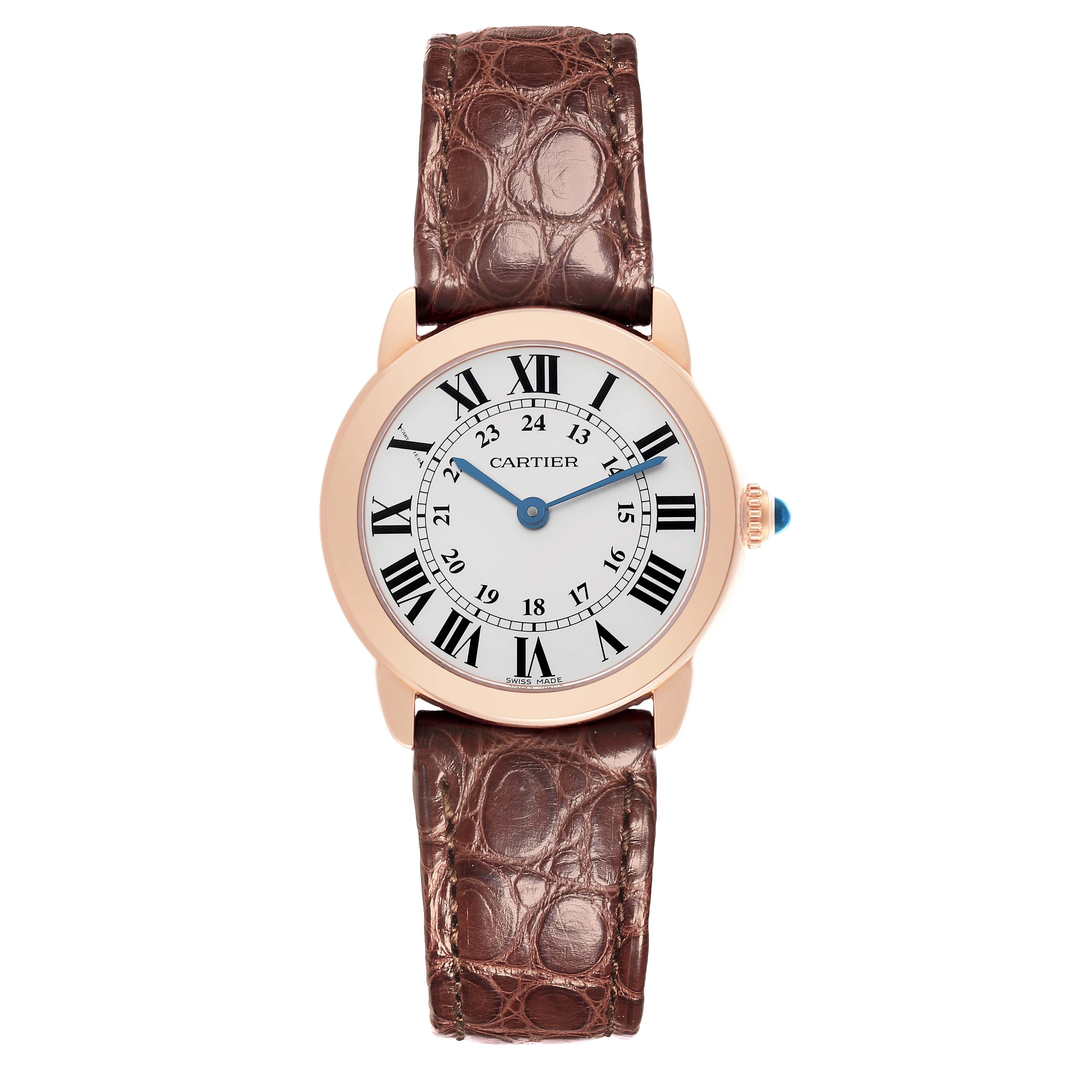 The Cartier Ronde W6701007 Women's Steel and Gold (two tone) Silver Dial W6701007 Women's Steel and Gold (two tone) Silver Dial watch is shown from a front angle, highlighting its dial, Roman numerals, and brown leather strap.