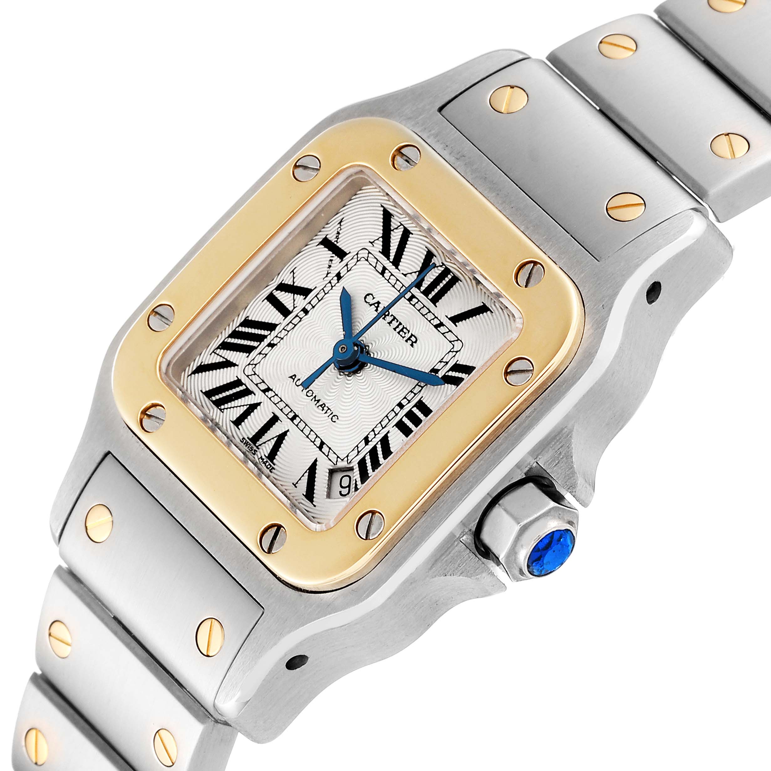 This Cartie Santos watch is shown from an angled close-up, highlighting the face, bezel, crown, and part of the bracelet.