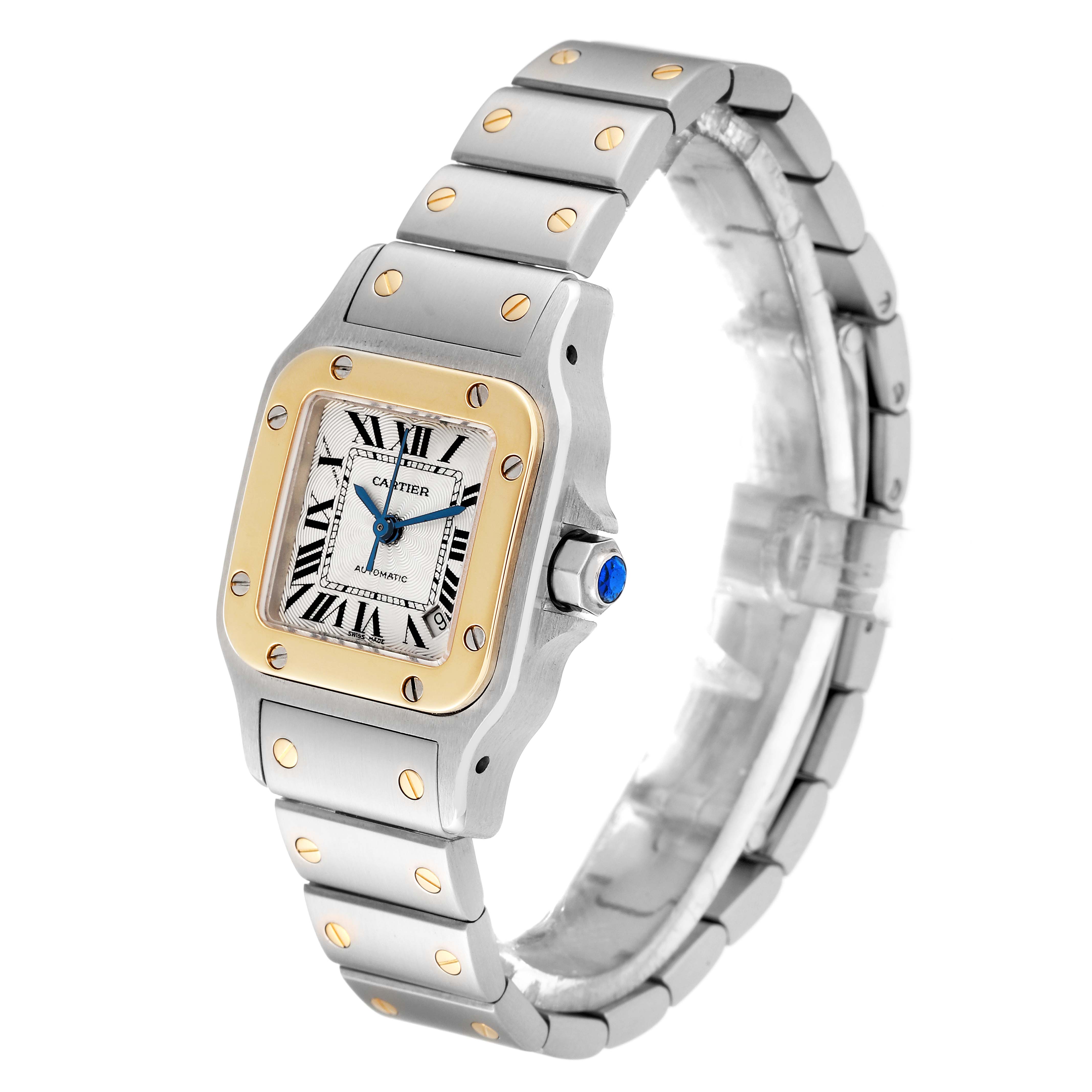 The Cartier Santos W20057C4 Women's Steel and Gold (two tone) Silver Dial W20057C4 Women's Steel and Gold (two tone) Silver Dial watch is shown at a three-quarter angle, displaying the face, bezel, and bracelet.