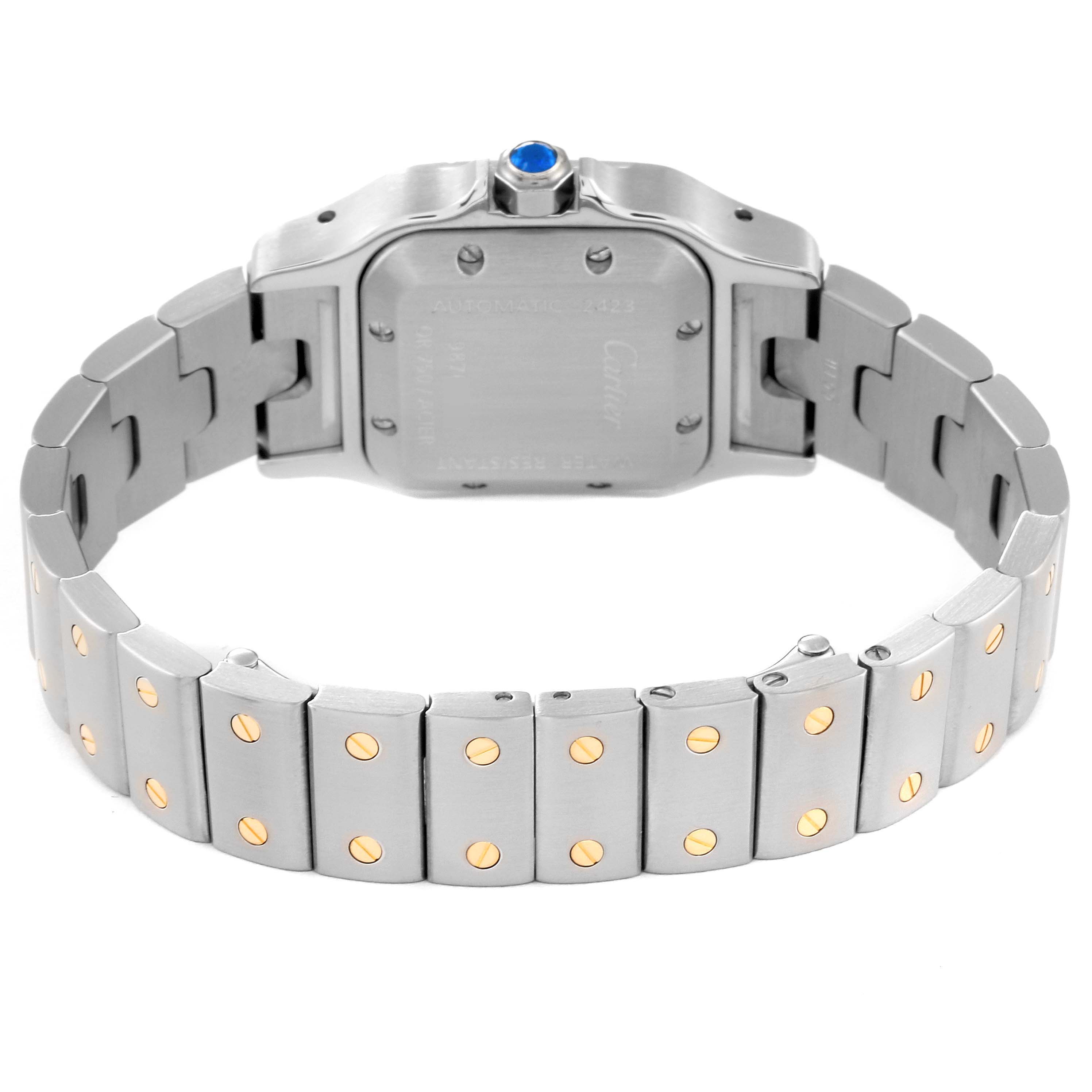 This image shows the Cartier Santos W20057C4 Women's Steel and Gold (two tone) Silver Dial W20057C4 Women's Steel and Gold (two tone) Silver Dial watch from the back, highlighting the bracelet and the caseback.