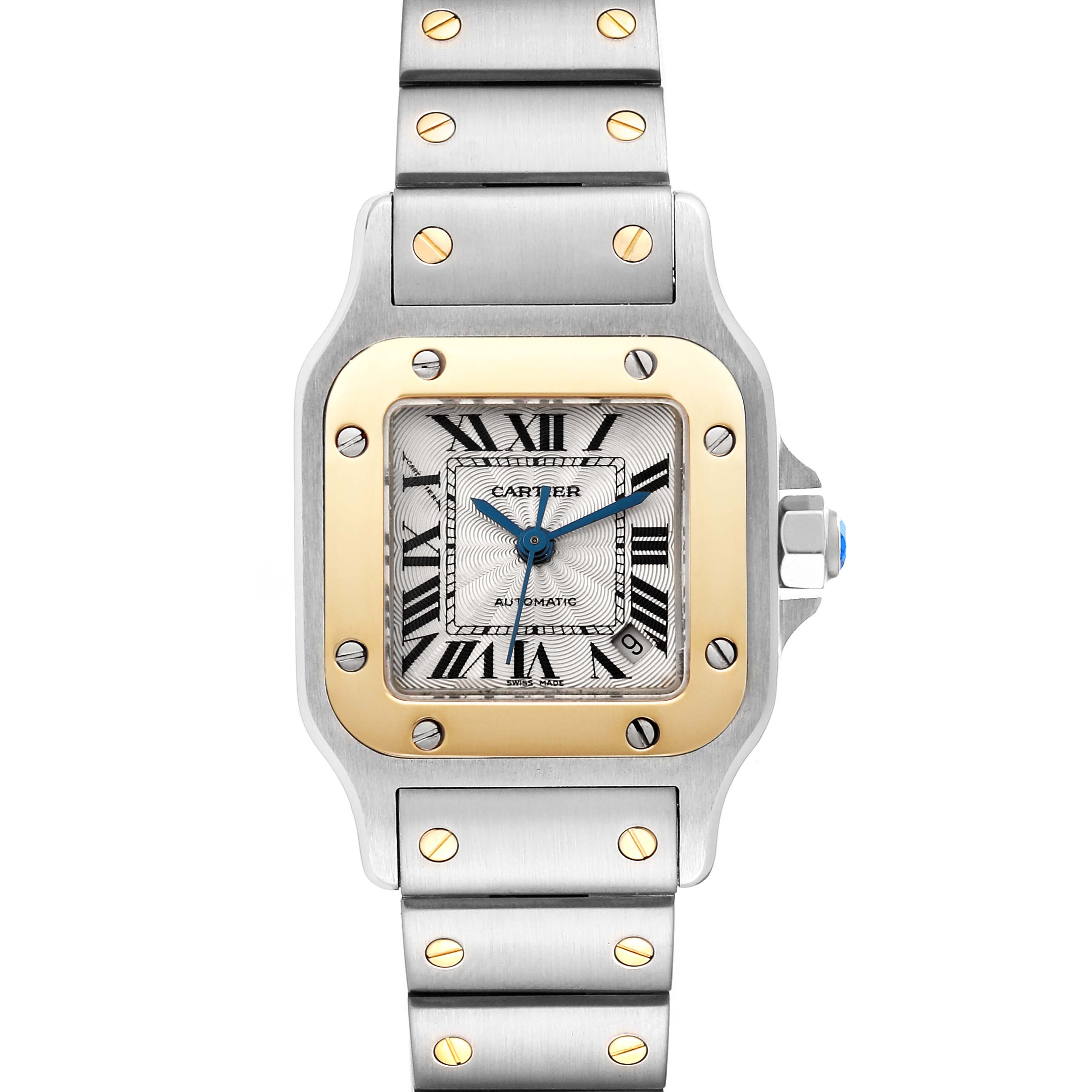 The Cartier Santos W20057C4 Women's Steel and Gold (two tone) Silver Dial W20057C4 Women's Steel and Gold (two tone) Silver Dial watch is shown from a front perspective, highlighting the face, bezel, and bracelet.