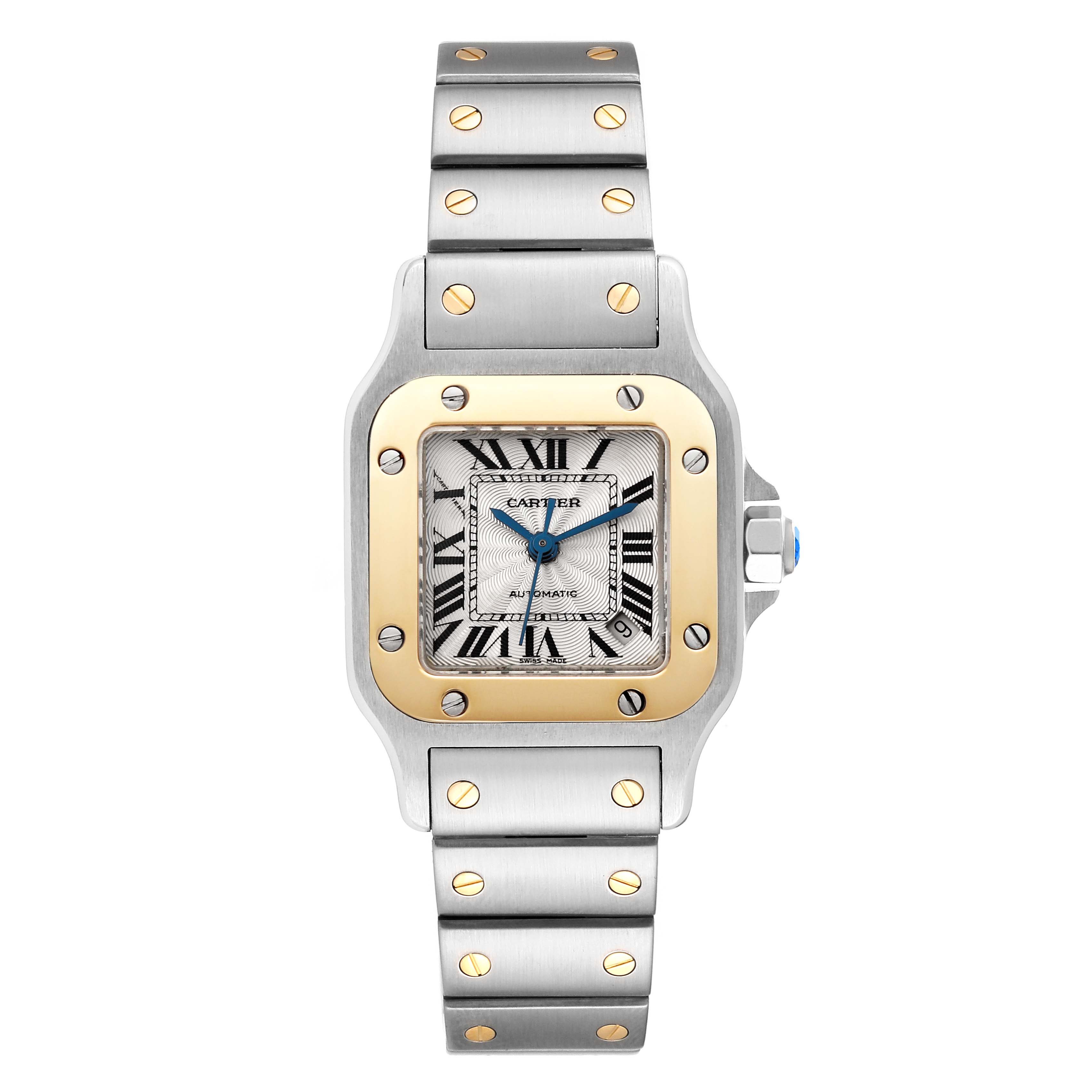 The image shows a front view of a Cartier Santos W20057C4 Women's Steel and Gold (two tone) Silver Dial W20057C4 Women's Steel and Gold (two tone) Silver Dial watch, displaying its face, case, and strap.
