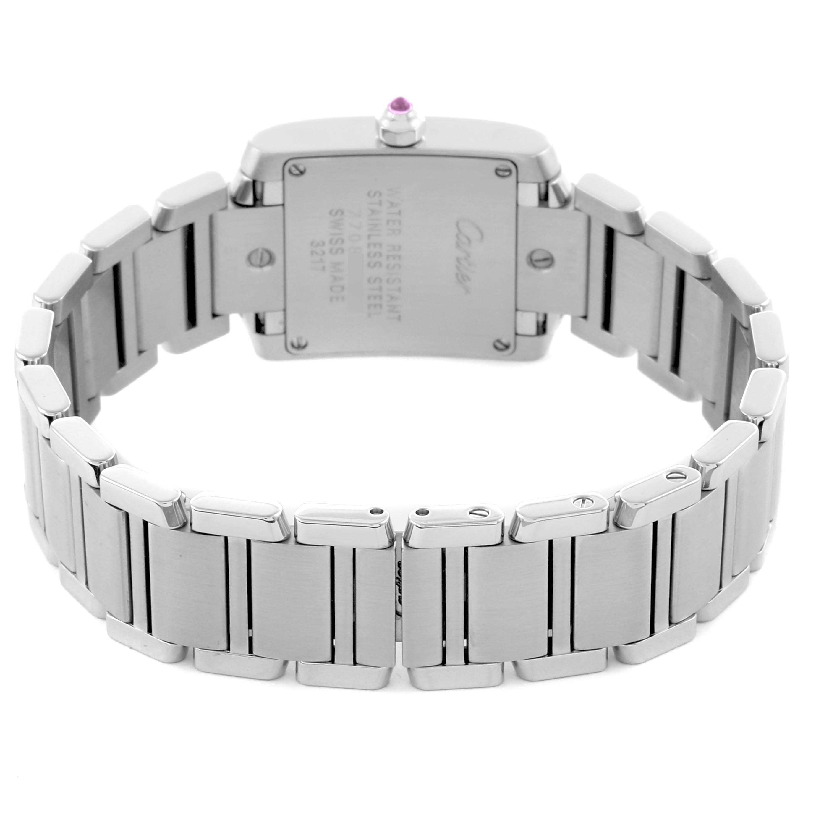 The Cartier Tank Française watch is shown from a rear angle, highlighting its stainless steel bracelet and case back.