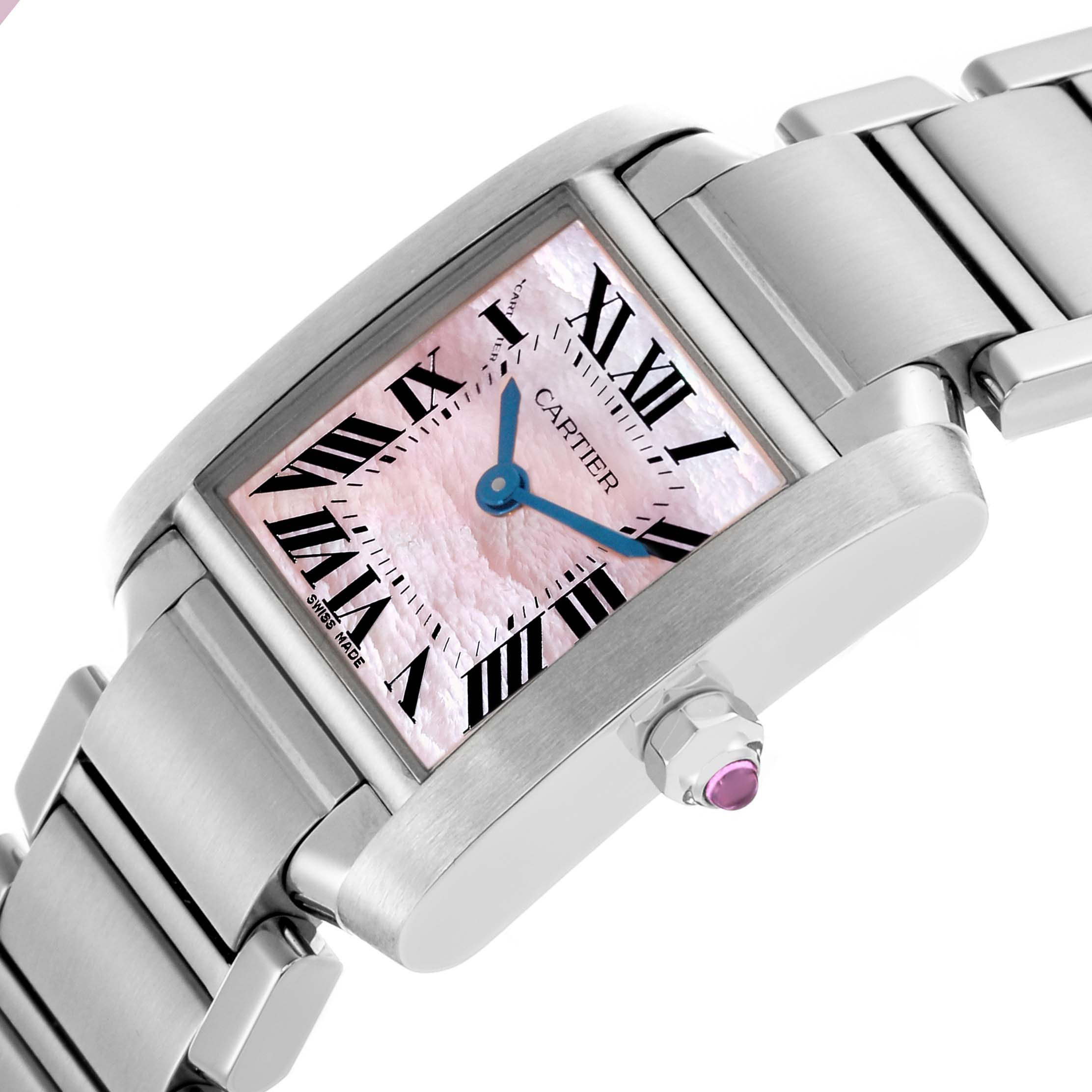 The Cartier Tank Francaise W51028Q3 Women's Stainless Steel Mother of Pearl Dial W51028Q3 Women's Stainless Steel Mother of Pearl Dial watch is shown at an angled close-up, highlighting its face, crown, and part of the bracelet.