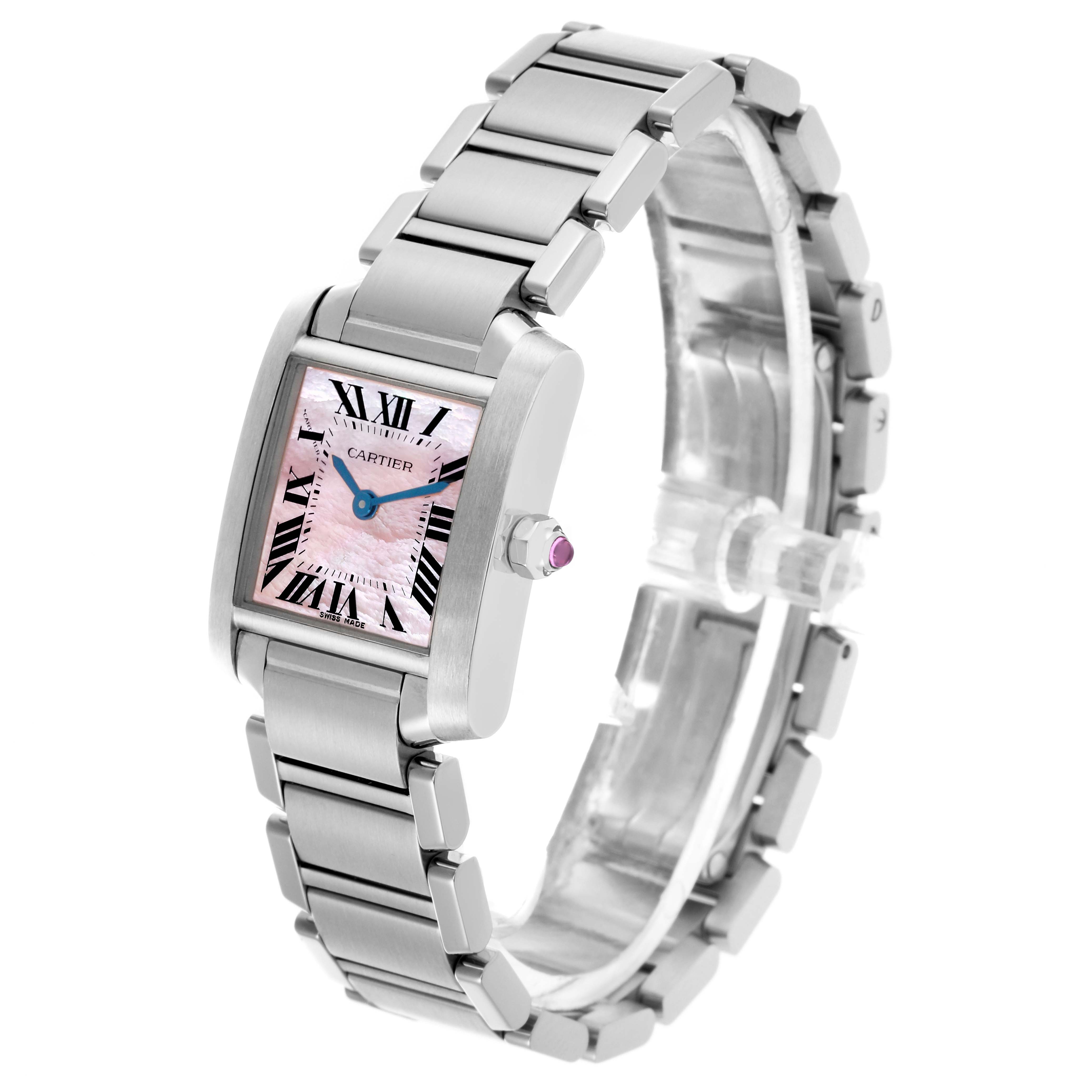The Cartier Tank Francaise W51028Q3 Women's Stainless Steel Mother of Pearl Dial W51028Q3 Women's Stainless Steel Mother of Pearl Dial watch is shown at an oblique angle, displaying the face, bracelet, and side with a visible crown.