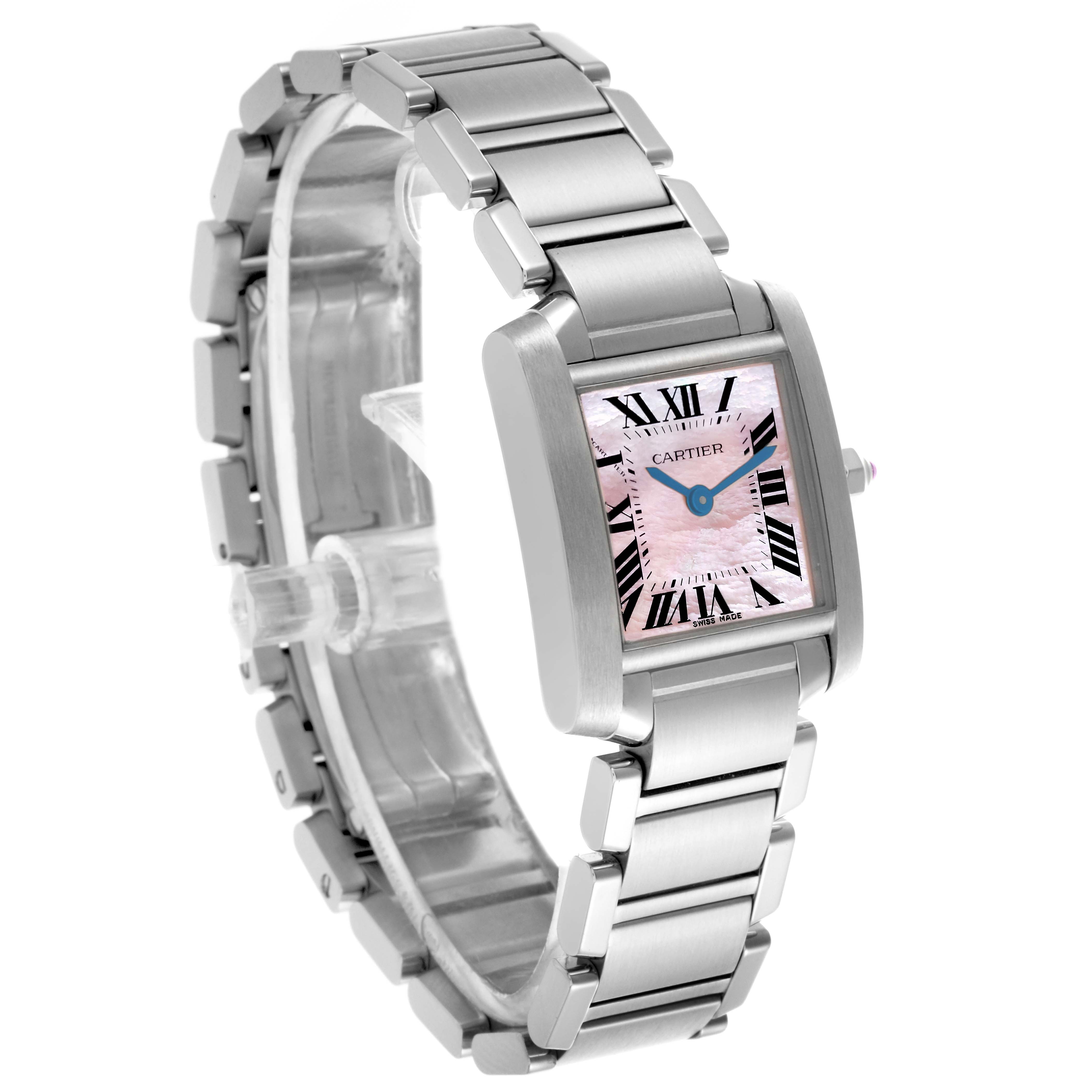 The Cartier Tank Française watch is shown at a front-left angle, highlighting the face, bracelet, and side profile.