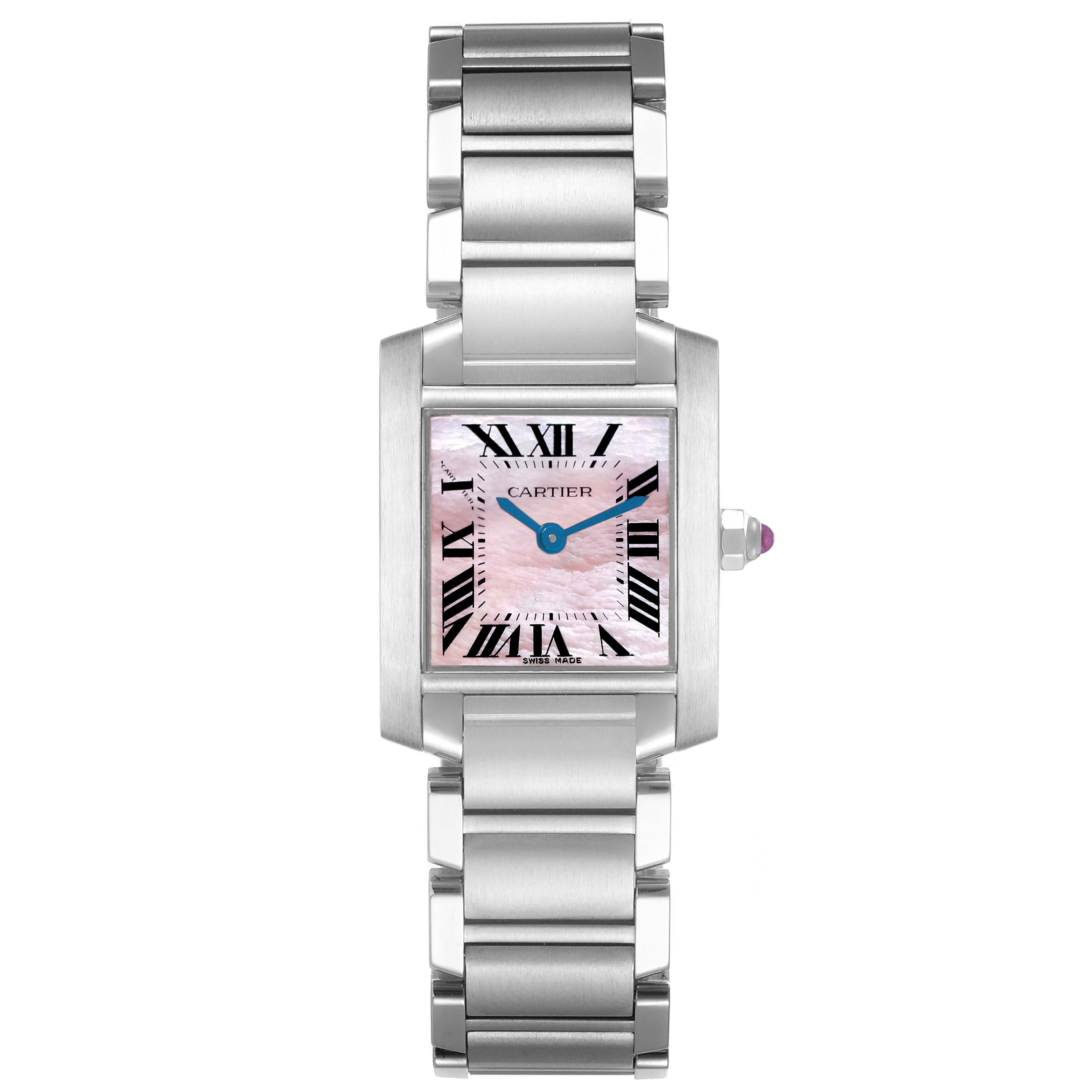 The Cartier Tank Francaise W51028Q3 Women's Stainless Steel Mother of Pearl Dial W51028Q3 Women's Stainless Steel Mother of Pearl Dial watch is shown from a front angle, highlighting its rectangular face, blue hands, and metal bracelet.