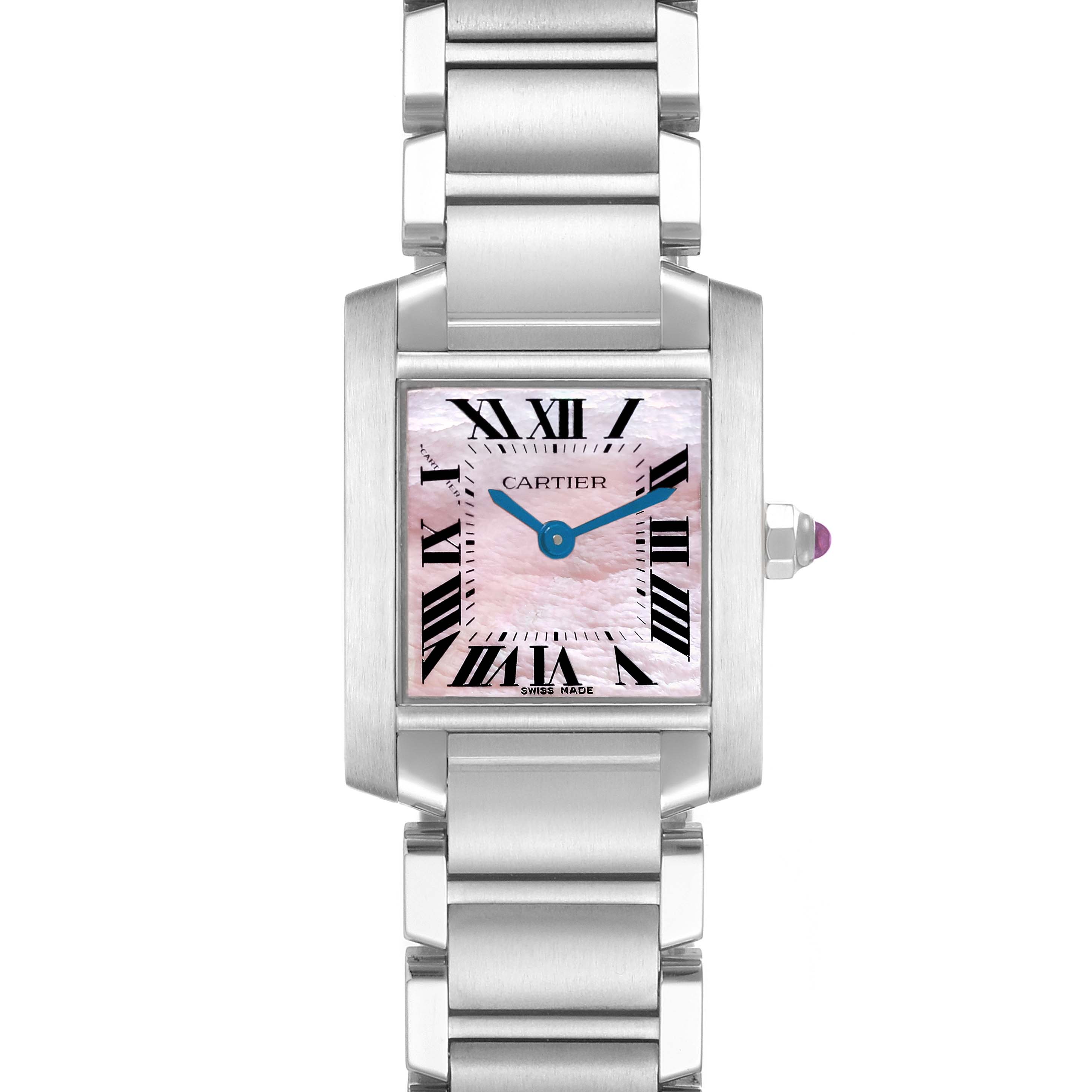 The Cartier Tank Française watch is shown from the front, highlighting the dial, case, and part of the bracelet.