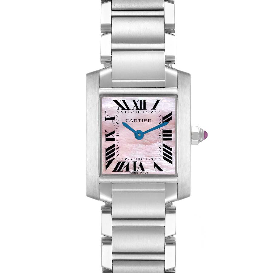 The Cartier Tank Française watch is shown from the front, highlighting the dial, case, and part of the bracelet.