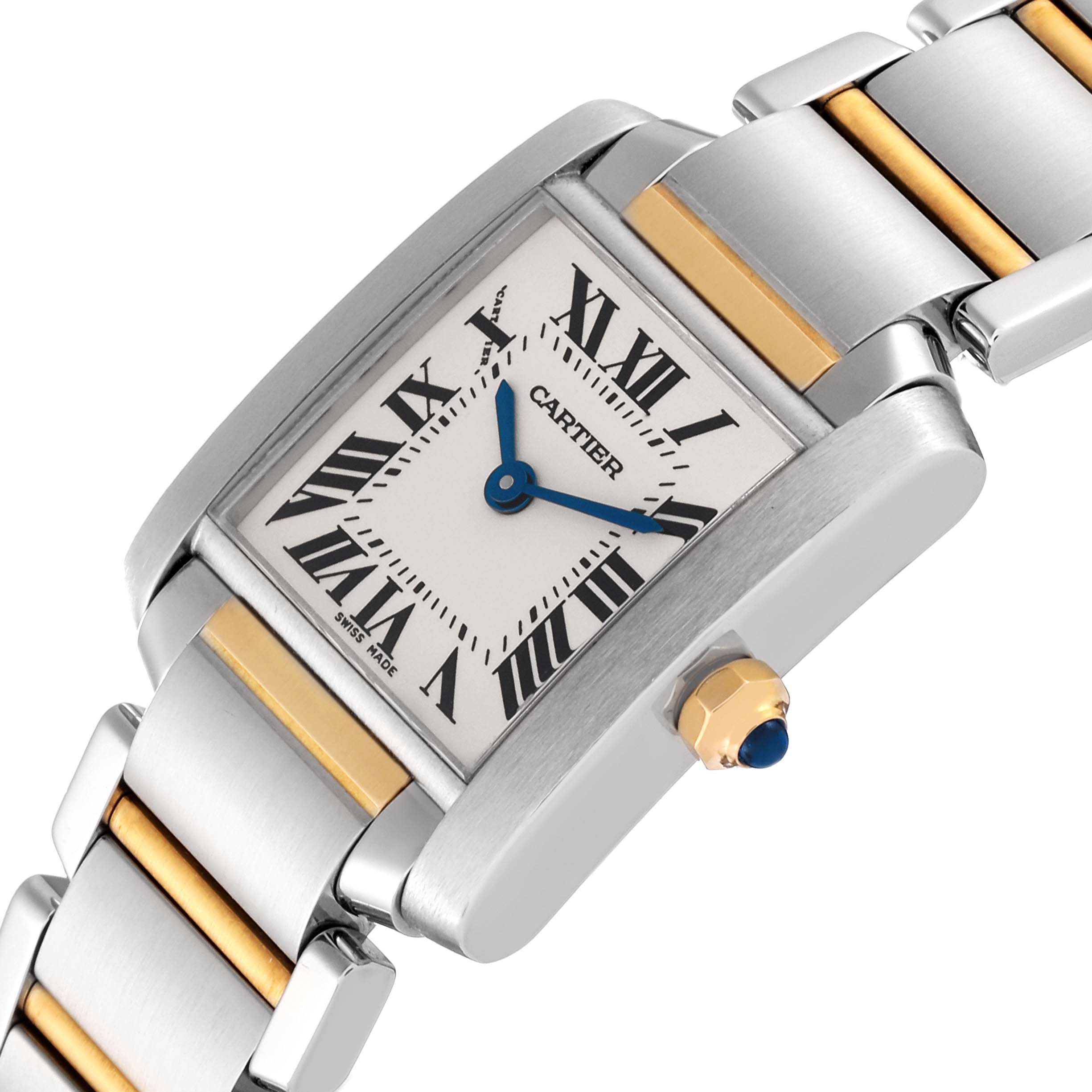 The image shows the Cartier Tank Francaise W51007Q4 Women
s Steel and Gold (two tone) Silver Dial W51007Q4 Women
s Steel and Gold (two tone) Silver Dial watch at an angle, displaying the face, hands, crown, and part of the bracelet.