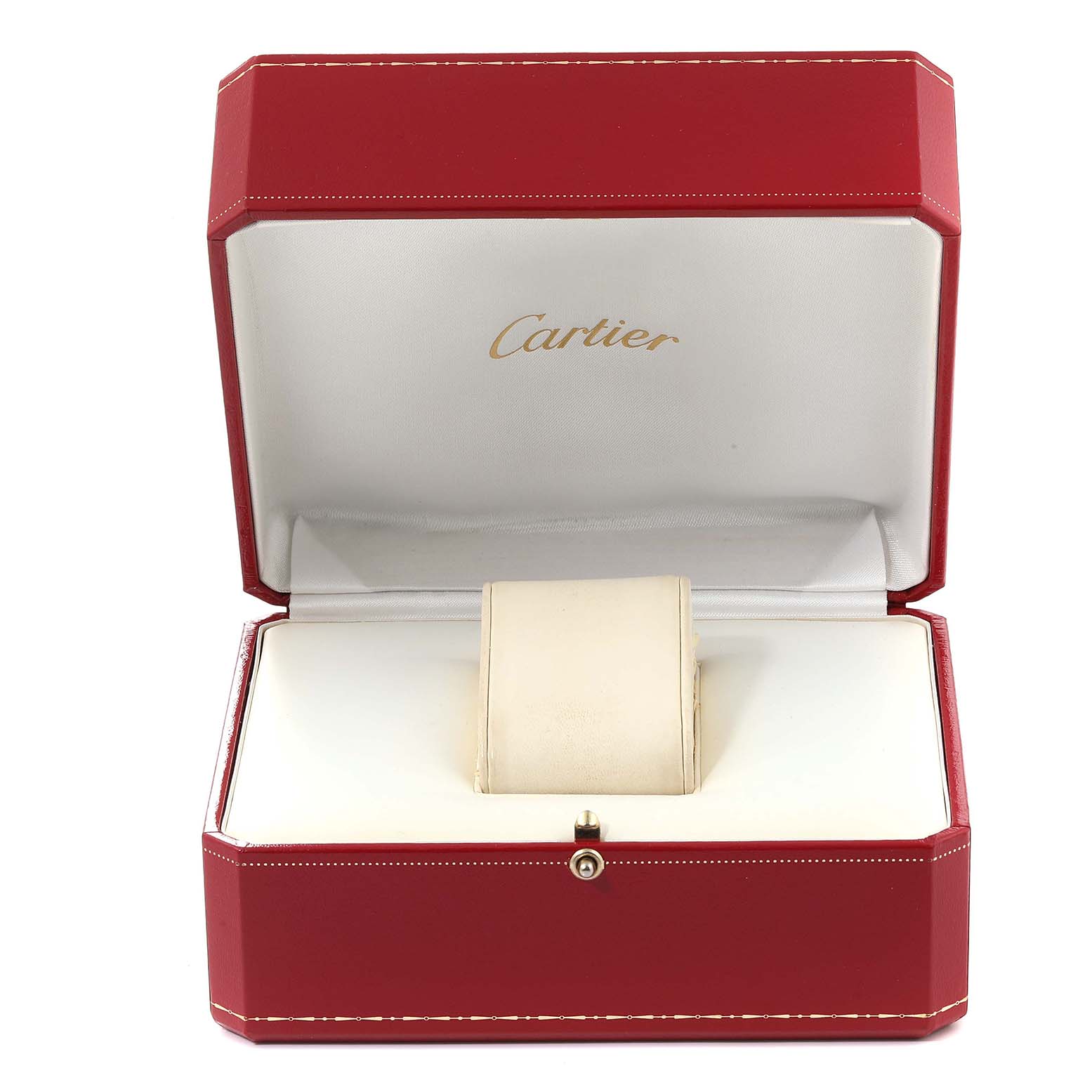 The image shows an empty Cartier watch box for the Tank Francaise model, open and viewed from the front.