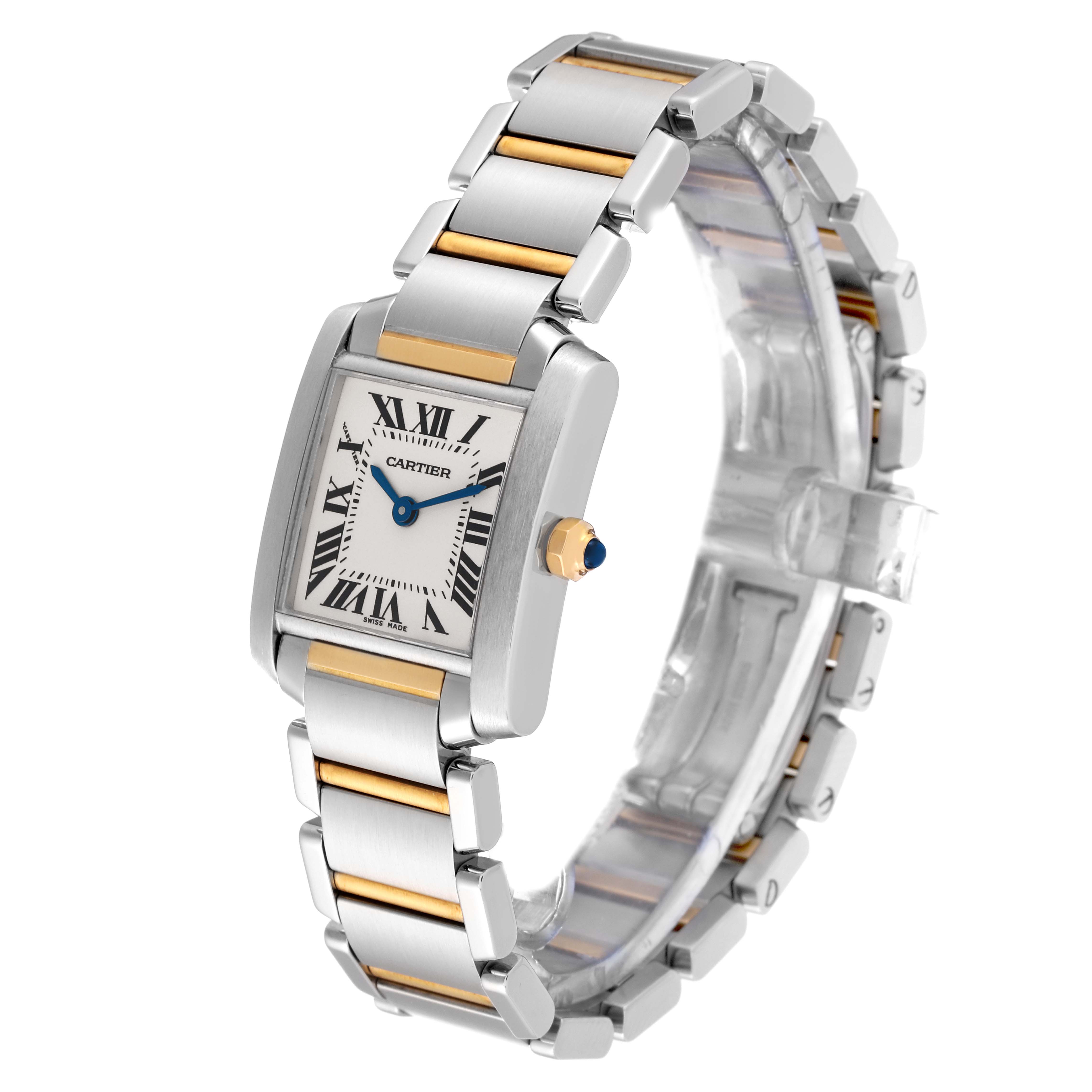 The Cartier Tank Francaise W51007Q4 Women
s Steel and Gold (two tone) Silver Dial W51007Q4 Women
s Steel and Gold (two tone) Silver Dial watch is shown at a slight angle, displaying the face, bracelet, and crown.