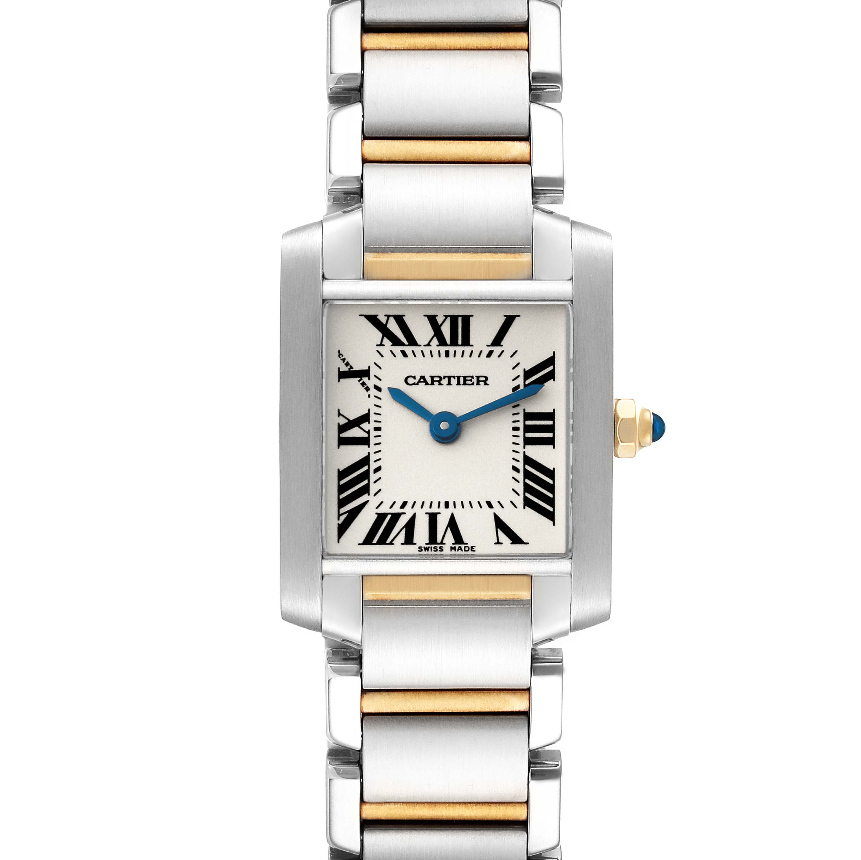 The front view shows the face and band of the Cartier Tank Francaise W51007Q4 Women
s Steel and Gold (two tone) Silver Dial W51007Q4 Women
s Steel and Gold (two tone) Silver Dial watch with Roman numerals and blue hands.