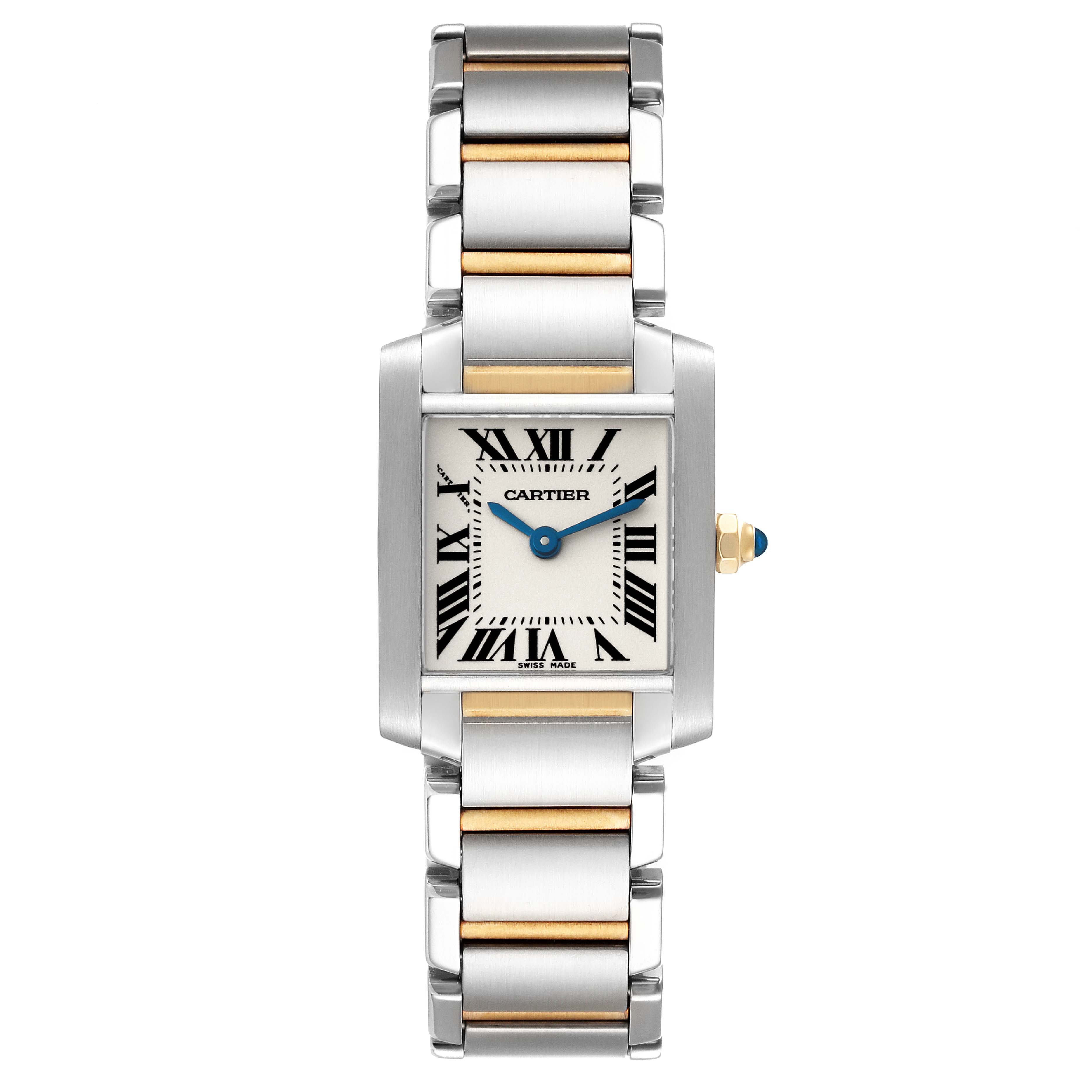 This image shows the front view of a Cartier Tank Francaise W51007Q4 Women
s Steel and Gold (two tone) Silver Dial W51007Q4 Women
s Steel and Gold (two tone) Silver Dial watch, highlighting its face and bracelet.