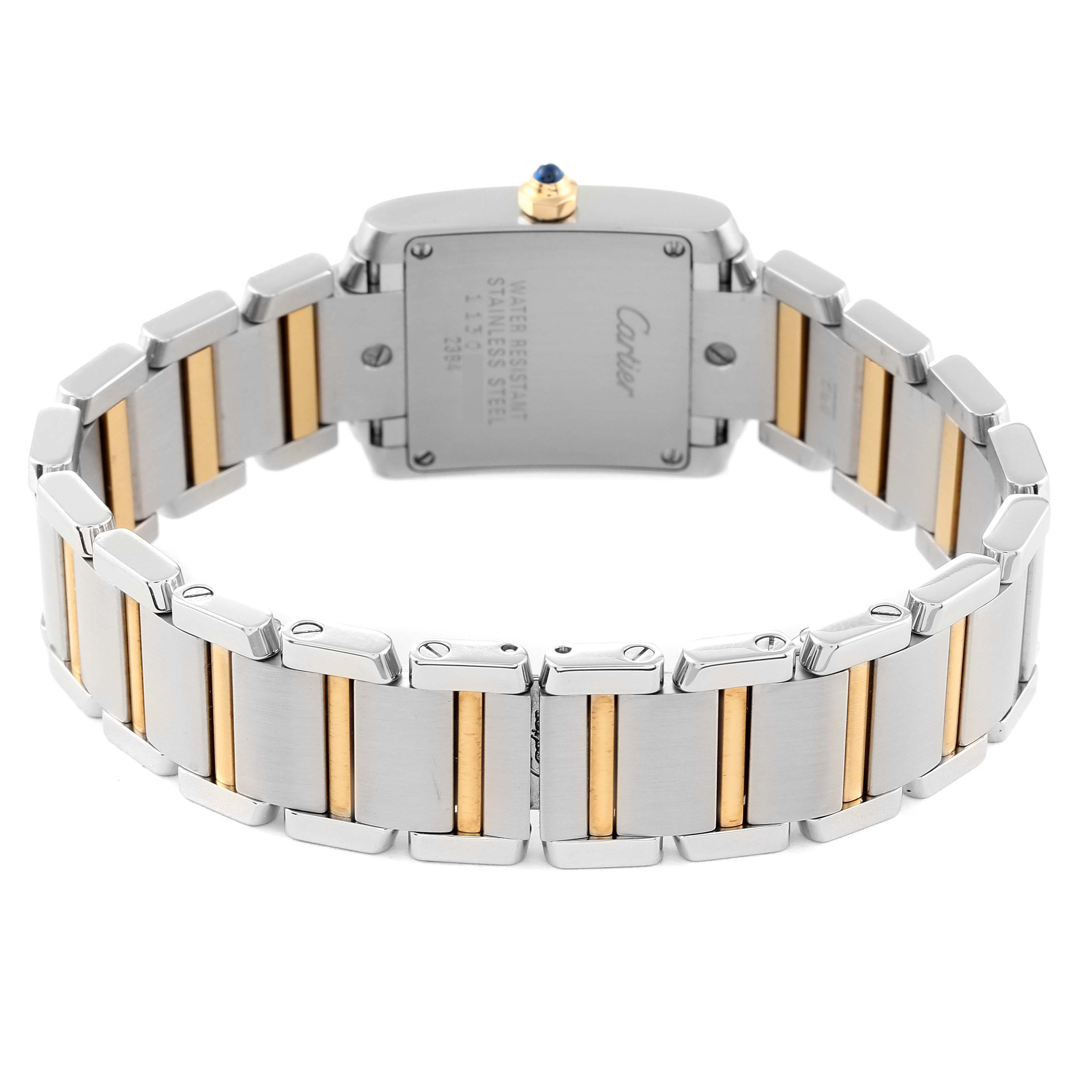 The image shows the back case and bracelet of a Cartier Tank Francaise W51007Q4 Women
s Steel and Gold (two tone) Silver Dial W51007Q4 Women
s Steel and Gold (two tone) Silver Dial watch with a mix of stainless steel and gold links.
