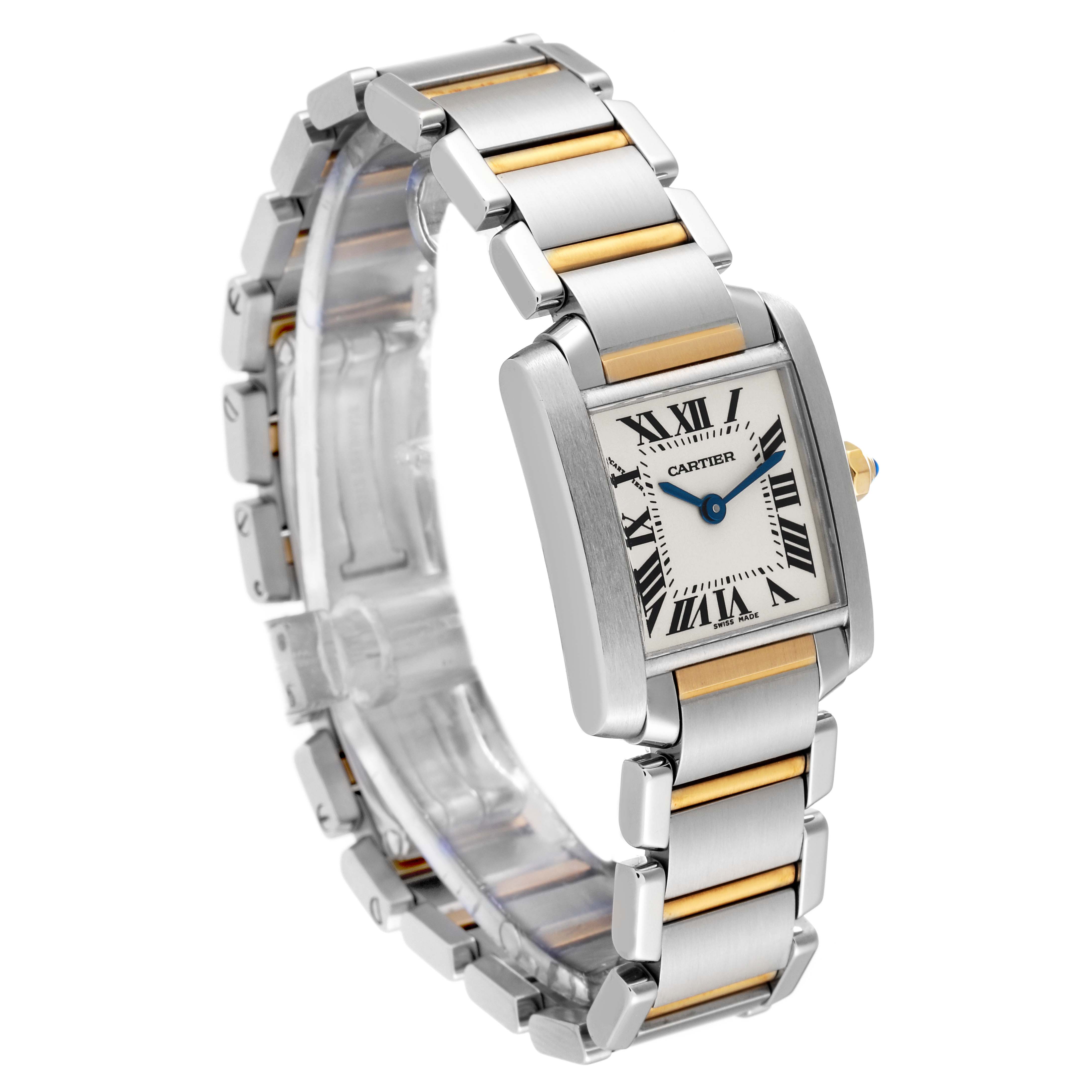 This image shows a Cartier Tank Francaise W51007Q4 Women
s Steel and Gold (two tone) Silver Dial W51007Q4 Women
s Steel and Gold (two tone) Silver Dial watch viewed at an angle that displays the face and metal bracelet with gold and silver tones.