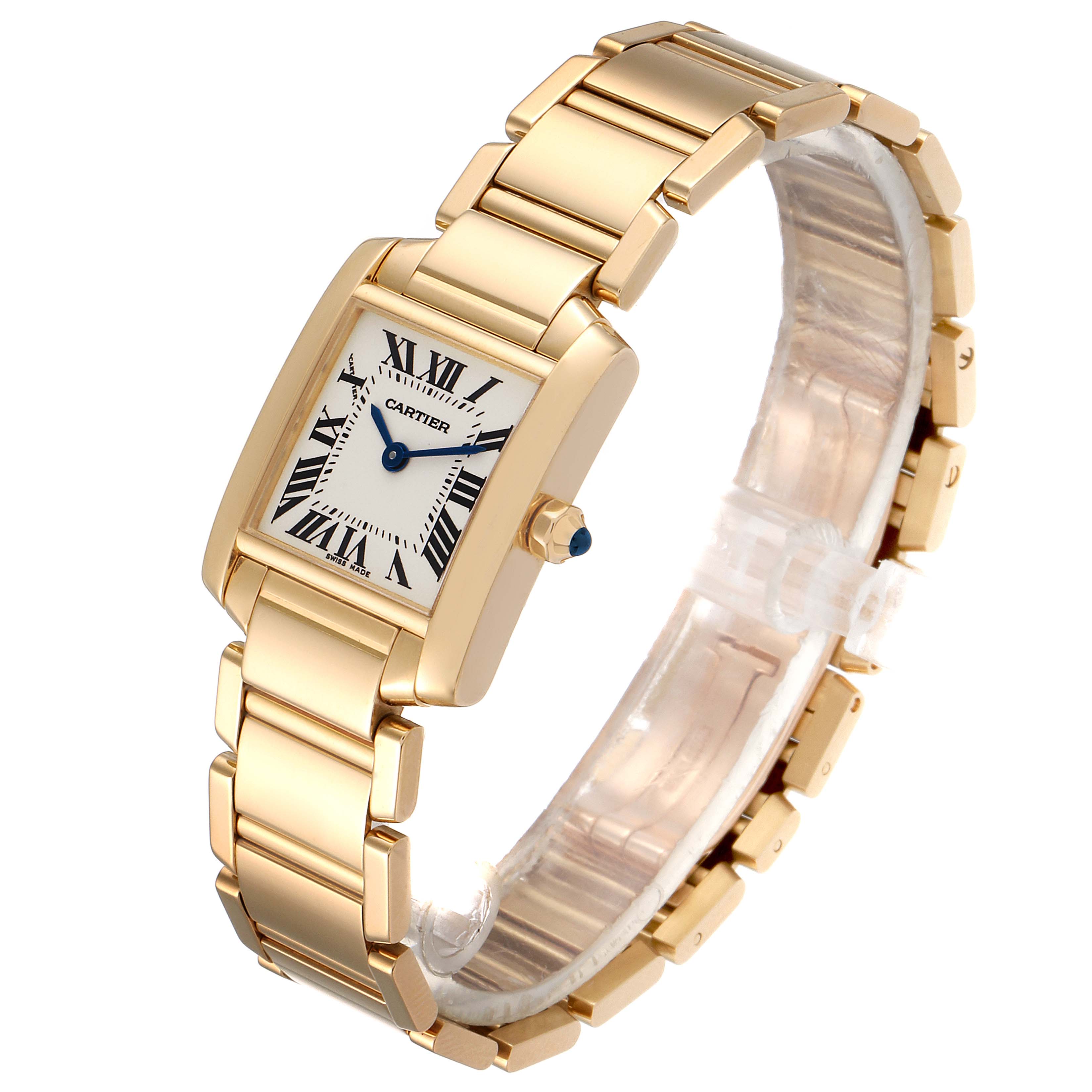 This image shows a Cartier Tank Française watch in gold, highlighting its rectangular face, Roman numerals, and link bracelet at a slight angle.