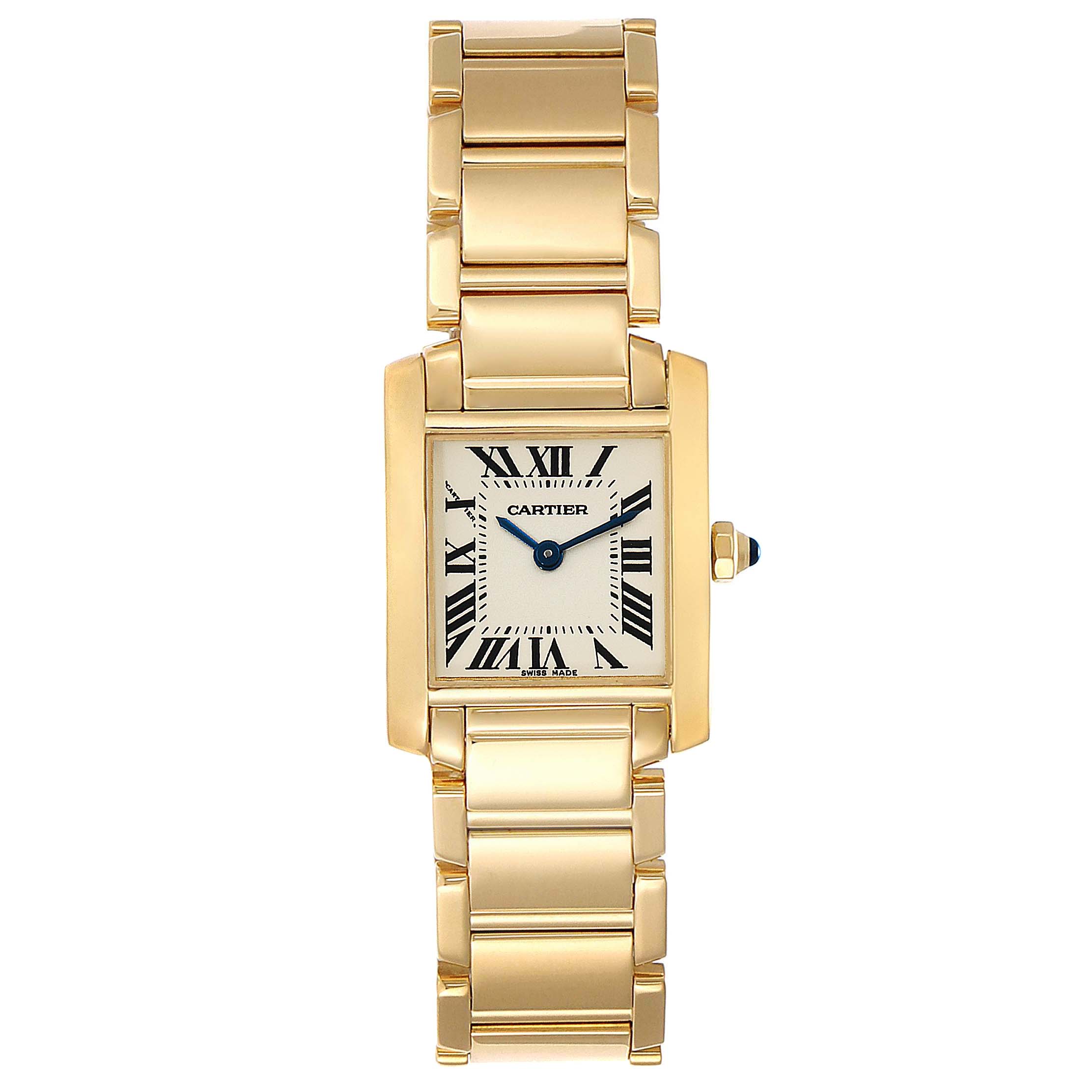 The image shows a front view of a Cartier Tank Française watch, highlighting the dial, case, and metal bracelet.