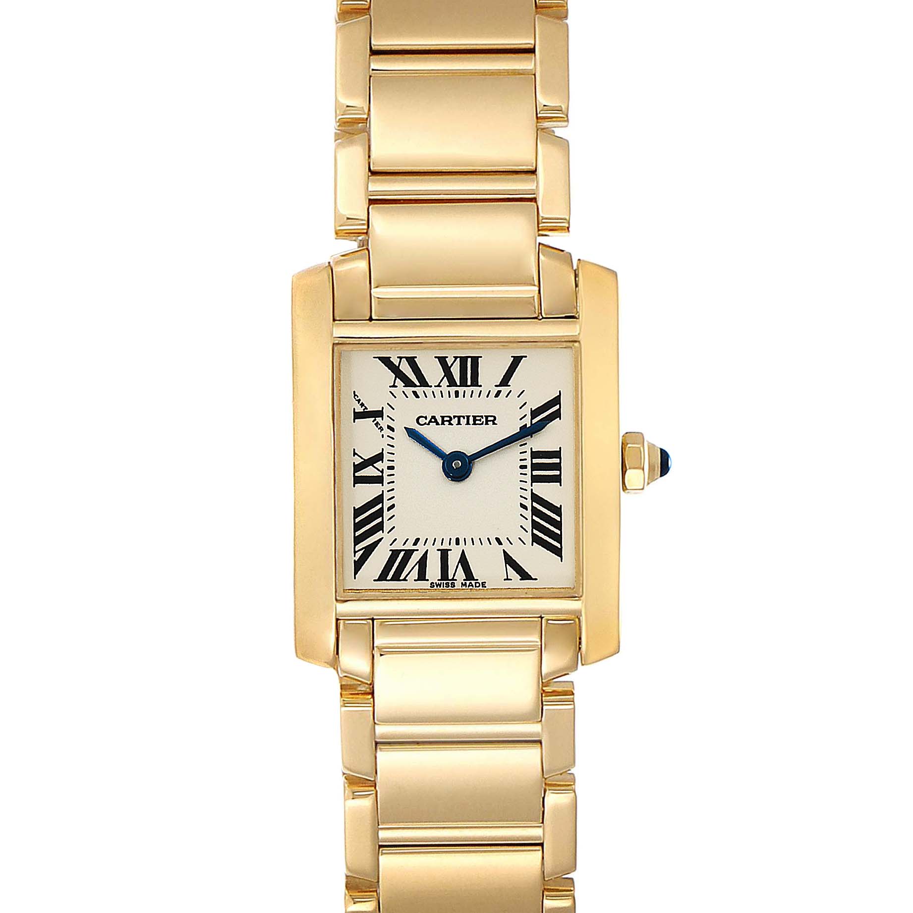 This image shows a Cartier Tank Francaise W50002N2 Women's Yellow Gold Silver Dial W50002N2 Women's Yellow Gold Silver Dial watch, featuring a gold rectangular face and bracelet from a front angle.
