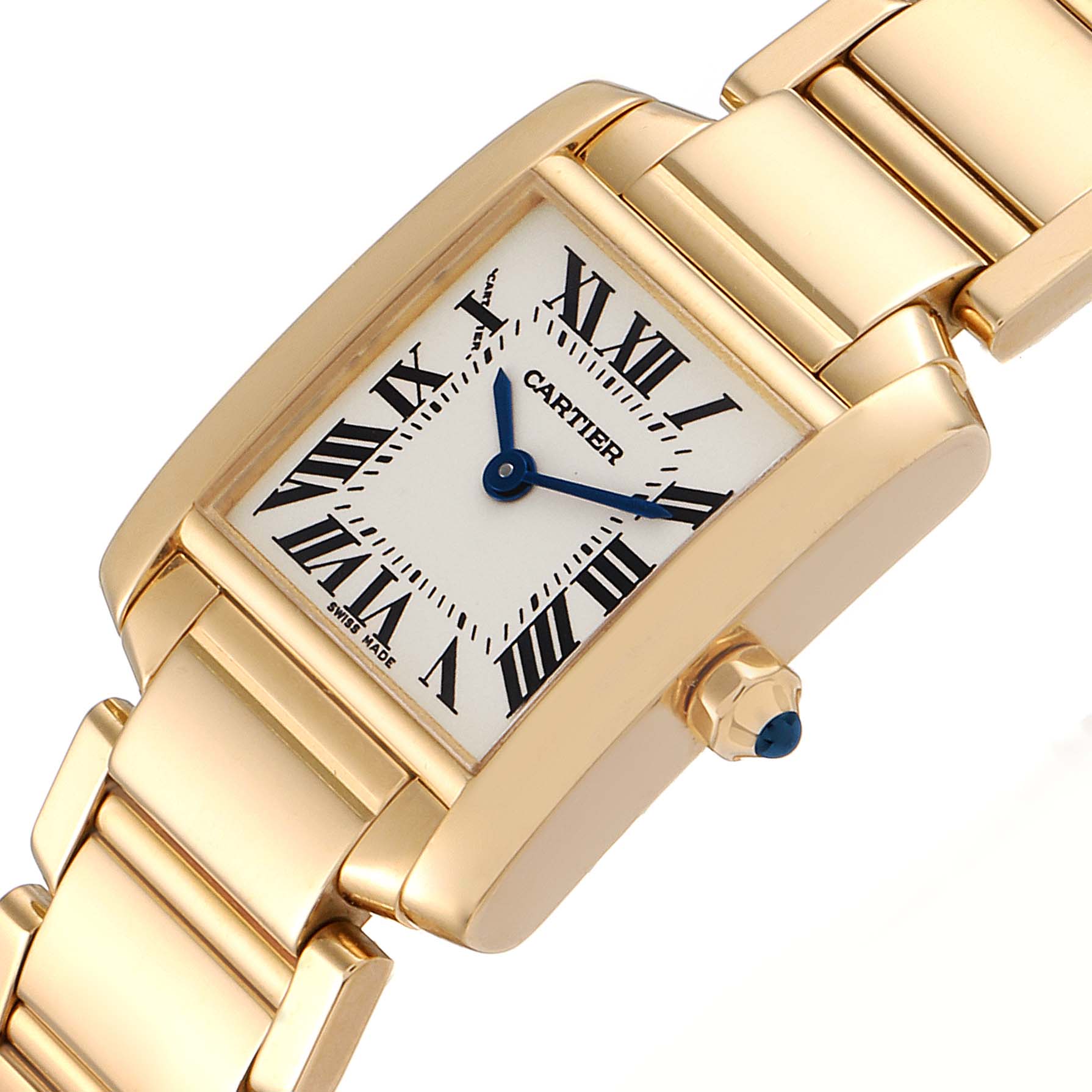 The Cartier Tank Francaise W50002N2 Women's Yellow Gold Silver Dial W50002N2 Women's Yellow Gold Silver Dial watch is shown at a slight angle, featuring its face, blue hands, crown, and part of the bracelet.