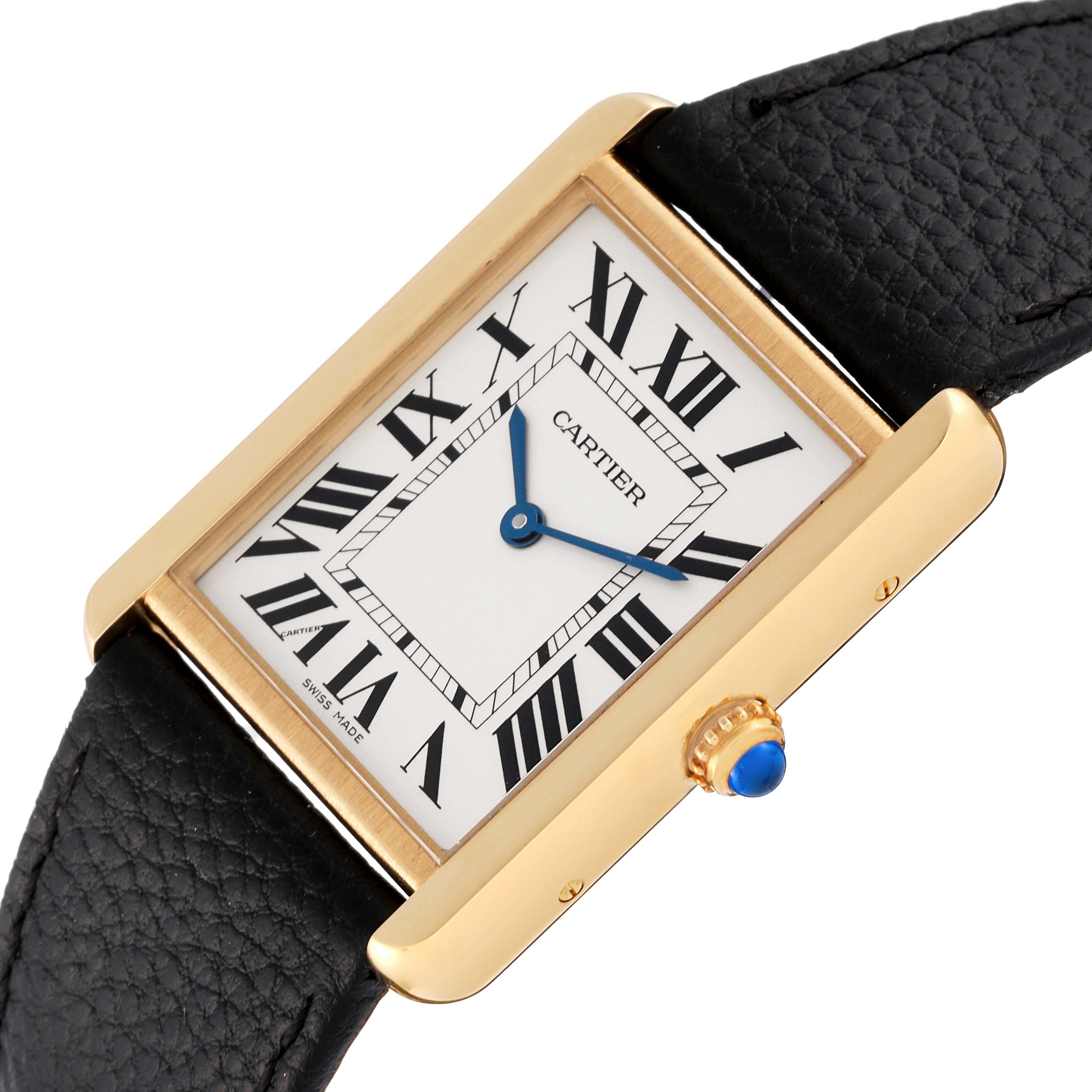 The image shows a close-up angle of a Cartier Tank Solo W1018855 Men
s Steel and Gold (two tone) Silver Dial W1018855 Men
s Steel and Gold (two tone) Silver Dial watch, highlighting the dial, hands, crown, and part of the strap.