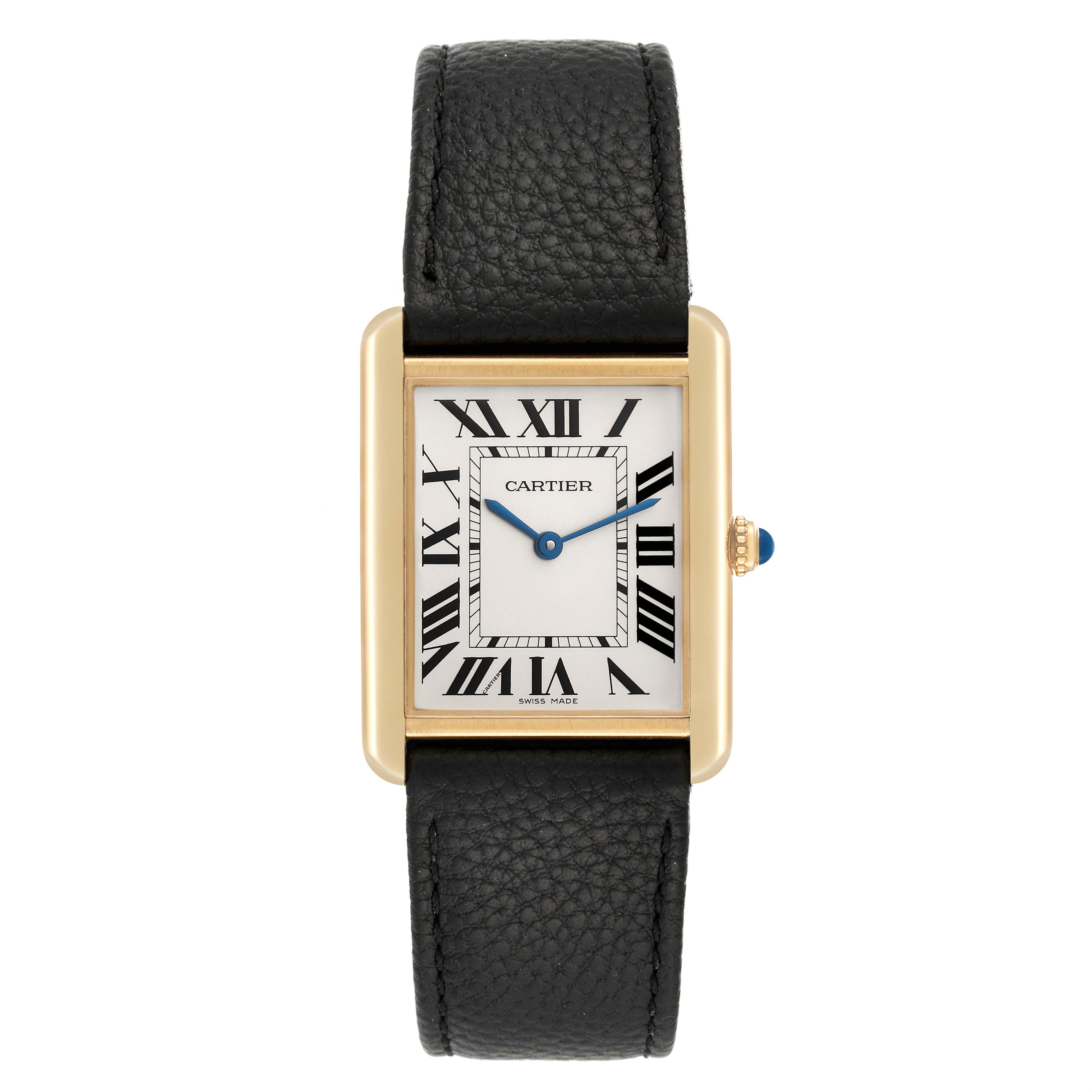 This image shows a Cartier Tank Solo W1018855 Men
s Steel and Gold (two tone) Silver Dial W1018855 Men
s Steel and Gold (two tone) Silver Dial watch from a top-down angle, featuring its gold case, black leather strap, and Roman numeral dial.