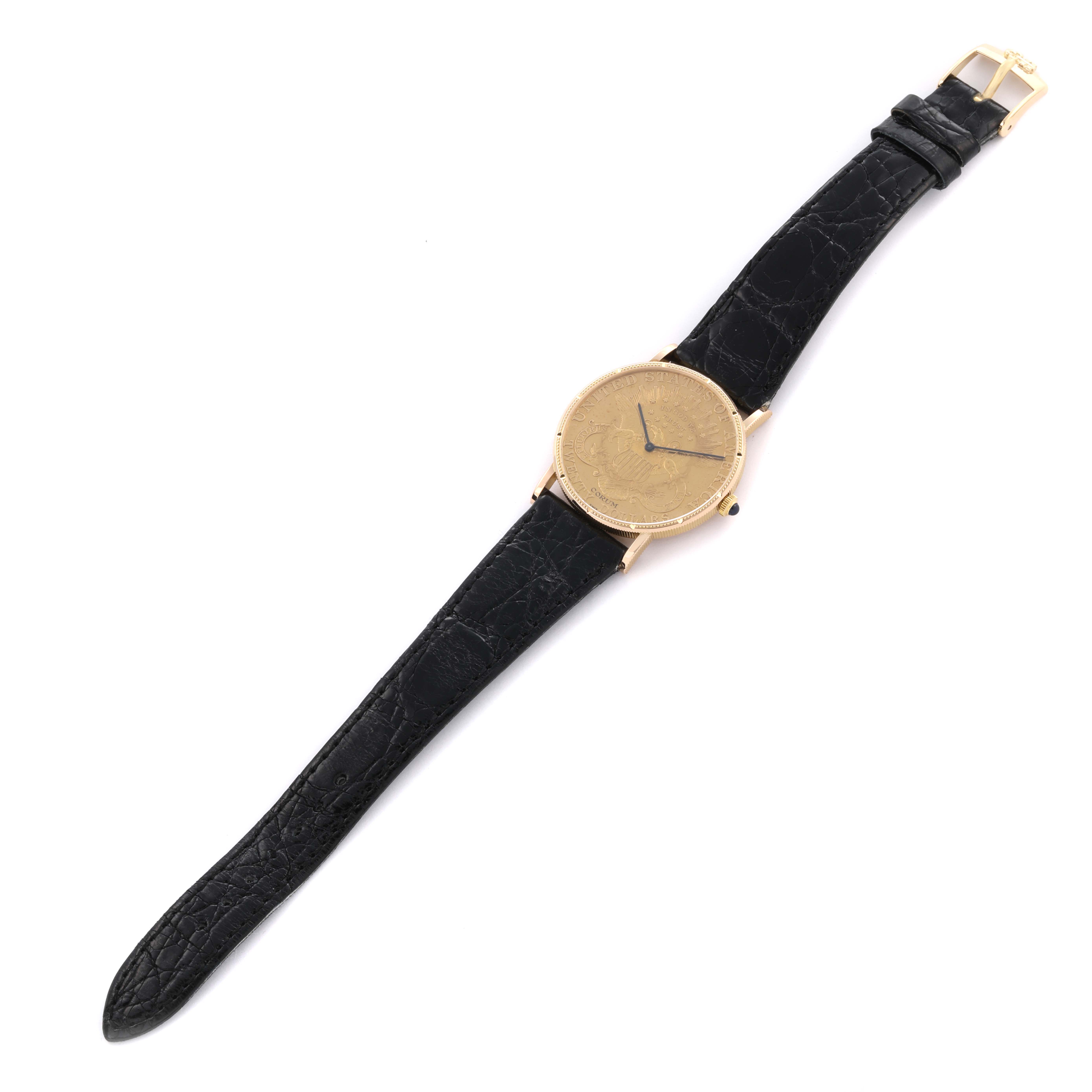 The Corum Coin Watch 4414556 Men's Yellow Gold Yellow Dial 4414556 Men's Yellow Gold Yellow Dial is shown at a slight angle, displaying its gold dial, black leather strap, and buckle.