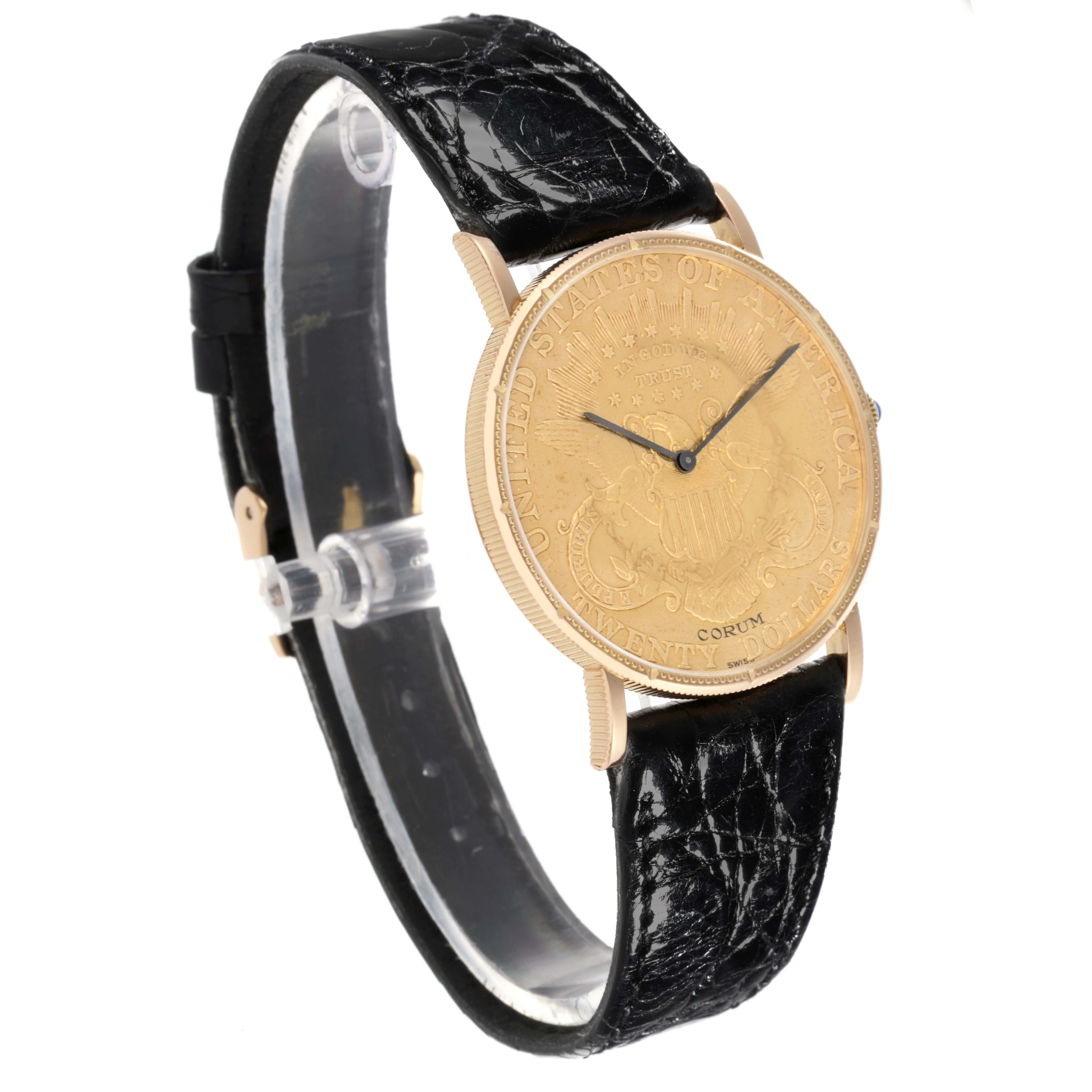 The Corum Coin Watch 4414556 Men's Yellow Gold Yellow Dial 4414556 Men's Yellow Gold Yellow Dial model is shown at a slight angle, highlighting the coin dial, case, and black leather strap.