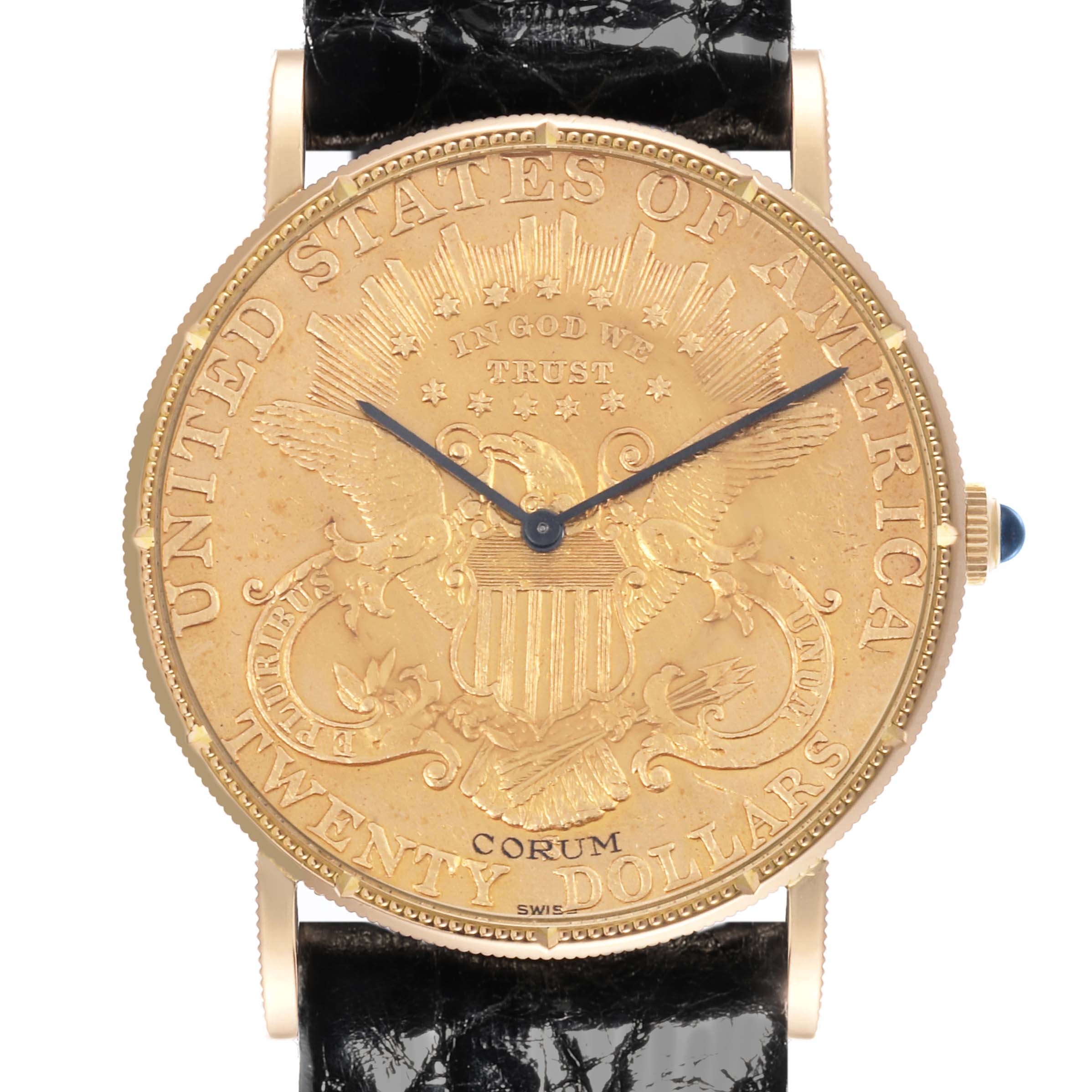 The Corum Coin Watch 4414556 Men's Yellow Gold Yellow Dial 4414556 Men's Yellow Gold Yellow Dial model is shown from the front, highlighting the coin dial, hands, bezel, and part of the leather strap.