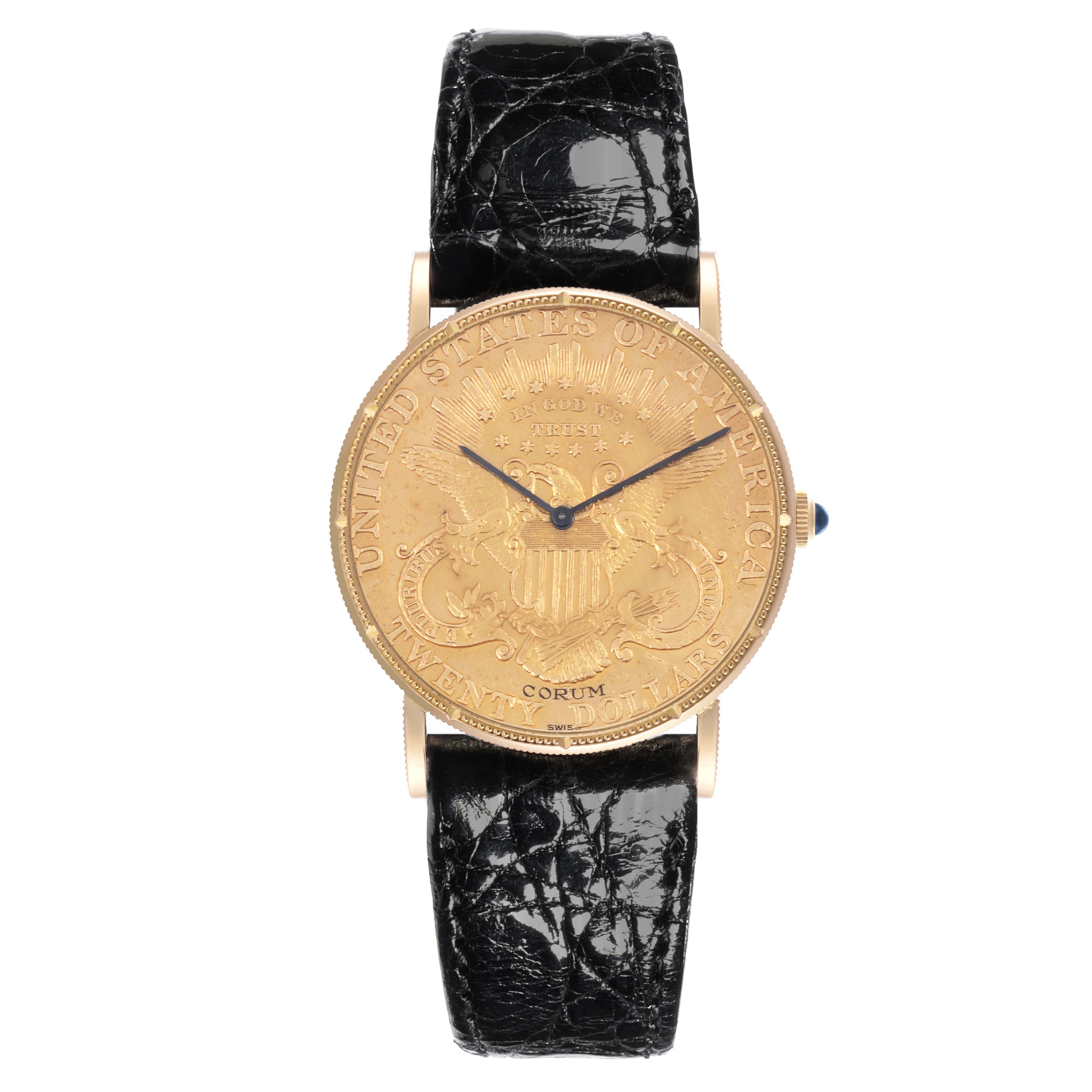 The Corum Coin Watch 4414556 Men's Yellow Gold Yellow Dial 4414556 Men's Yellow Gold Yellow Dial model is shown from the front, displaying its engraved dial and black leather strap.