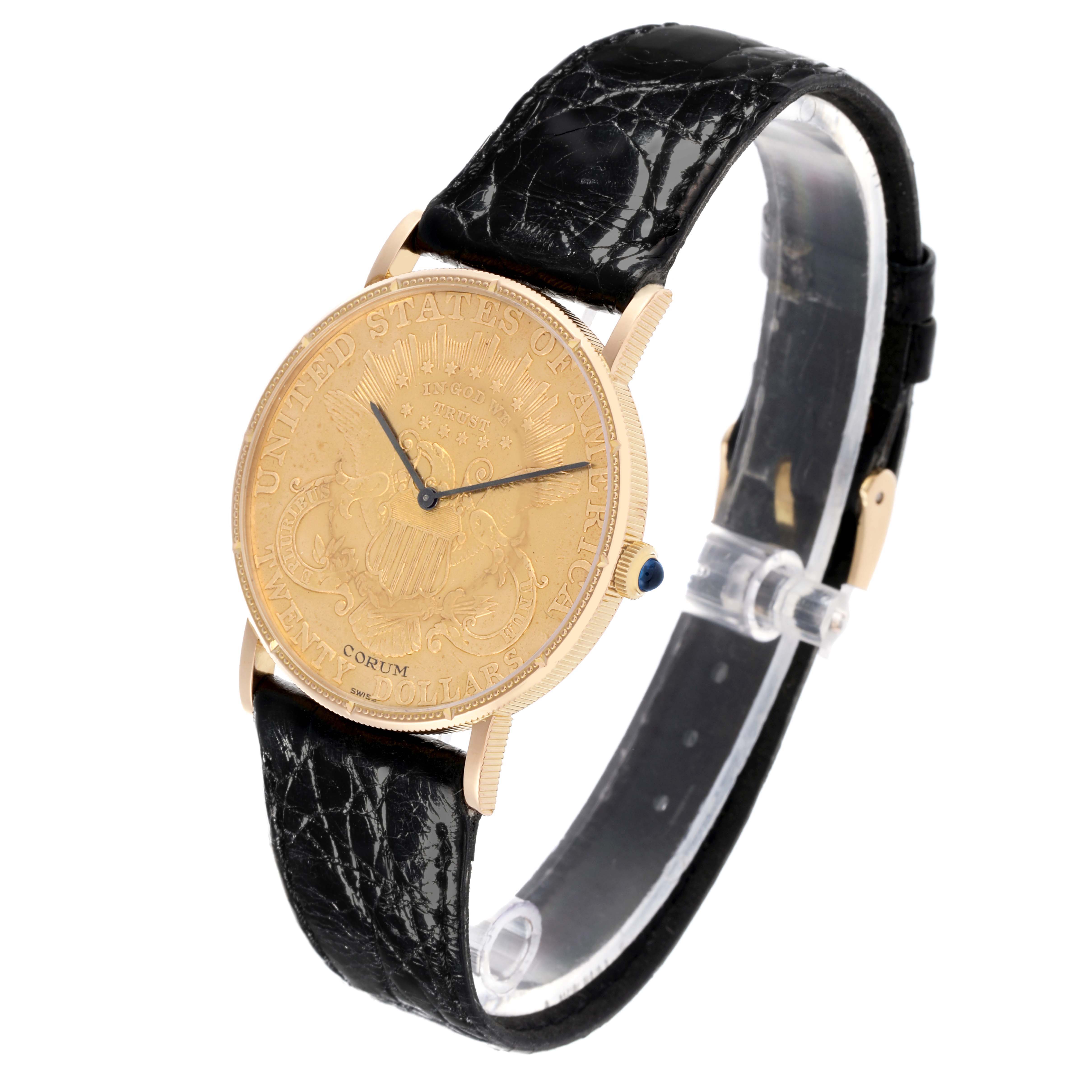 The Corum Coin Watch 4414556 Men's Yellow Gold Yellow Dial 4414556 Men's Yellow Gold Yellow Dial is shown at a slight angle highlighting the gold dial, black leather strap, and side crown.