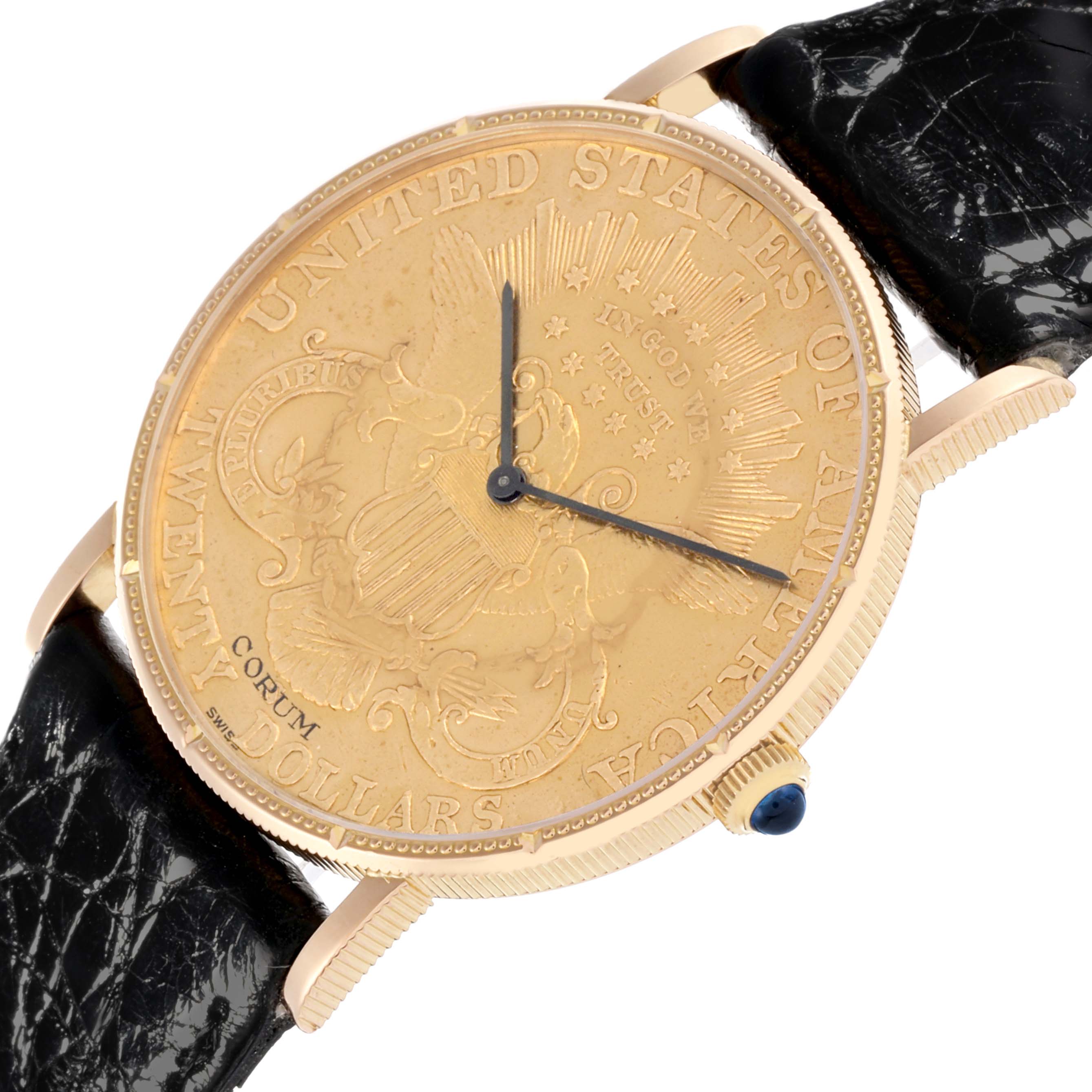 This image shows a Corum Coin Watch 4414556 Men's Yellow Gold Yellow Dial 4414556 Men's Yellow Gold Yellow Dial at an angle displaying the watch face, hands, coin design, crown, and a portion of the black strap.