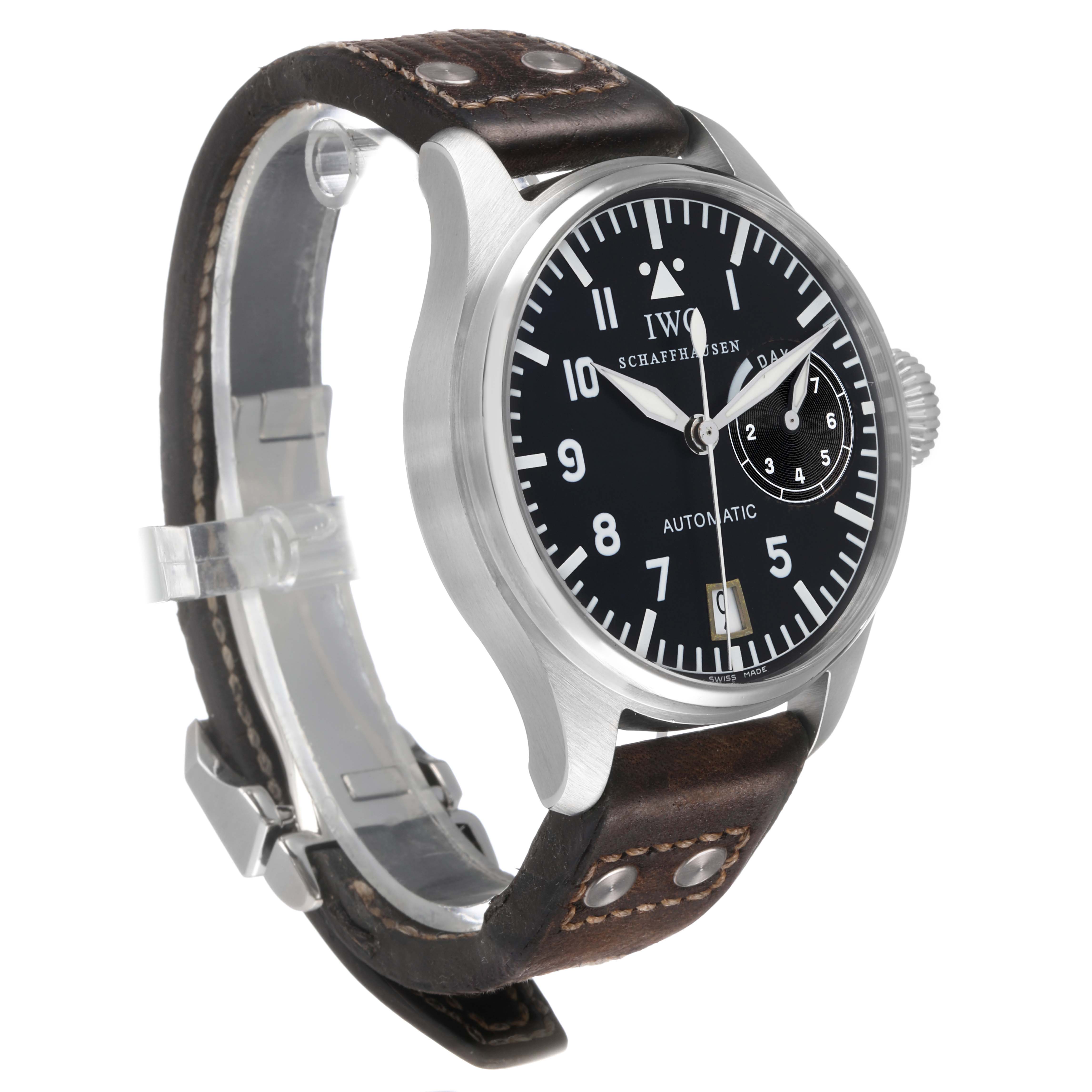 The IWC Pilot IW500201 Men's Stainless Steel Black Dial model watch is shown at a three-quarter angle, displaying the face, bezel, crown, and leather strap.