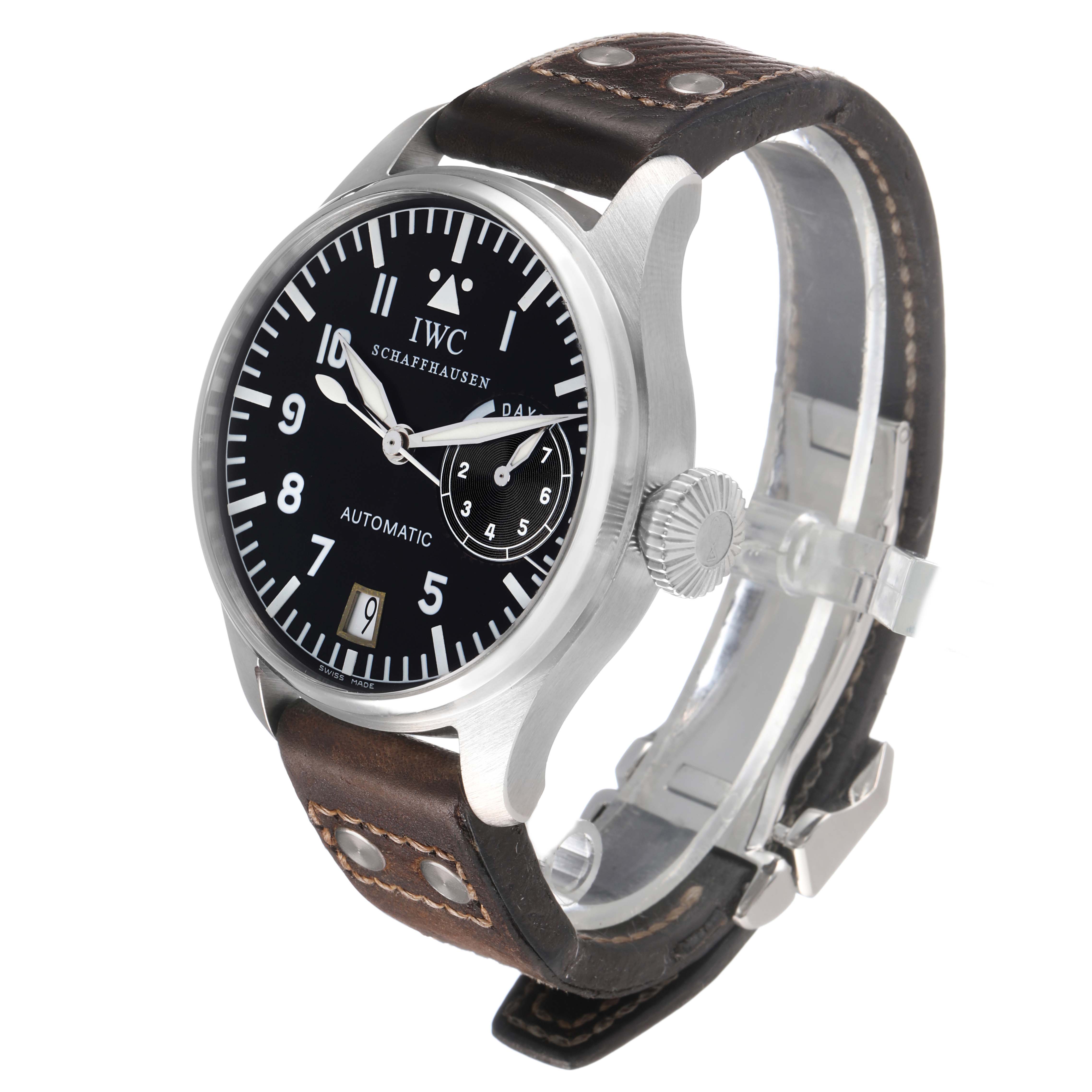 The IWC Pilot IW500201 Men's Stainless Steel Black Dial model watch is shown at a three-quarter angle highlighting the face, crown, bezel, and leather strap.