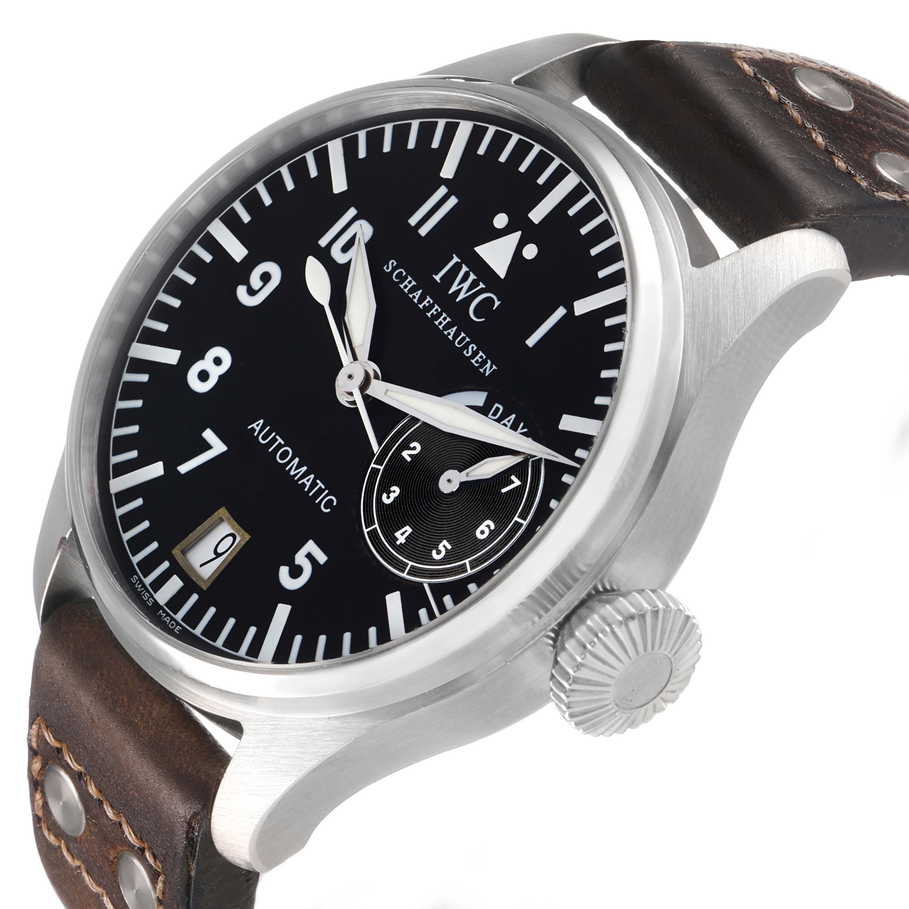 The IWC Pilot IW500201 Men's Stainless Steel Black Dial watch is shown at an angled side view, highlighting the dial, crown, and brown leather strap.