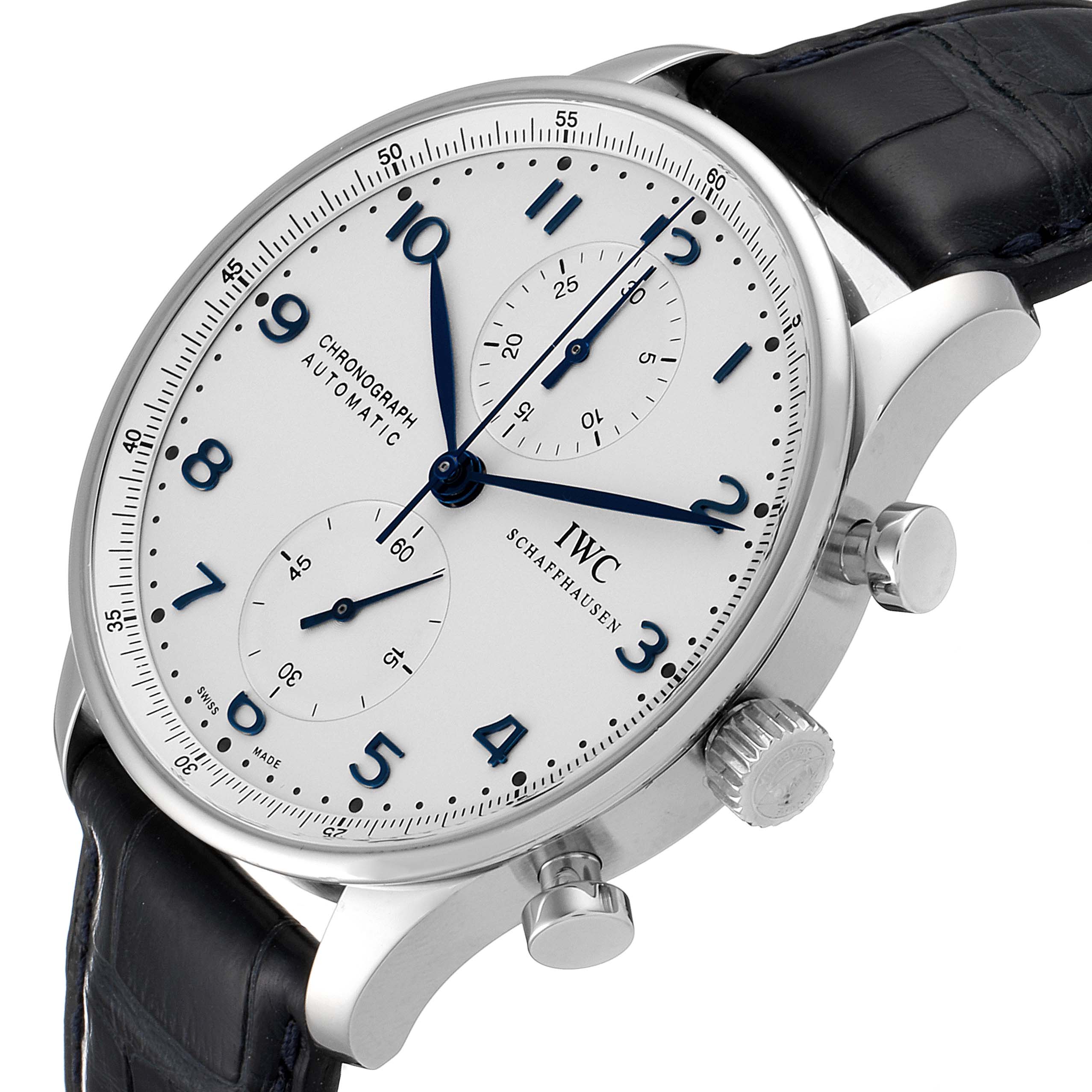 The image shows a side angle of the IWC Portuguese IW371446 Men's Stainless Steel Silver Dial IW371446 Men's Stainless Steel Silver Dial Chronograph Automatic watch, highlighting the dial, crown, and pushers.
