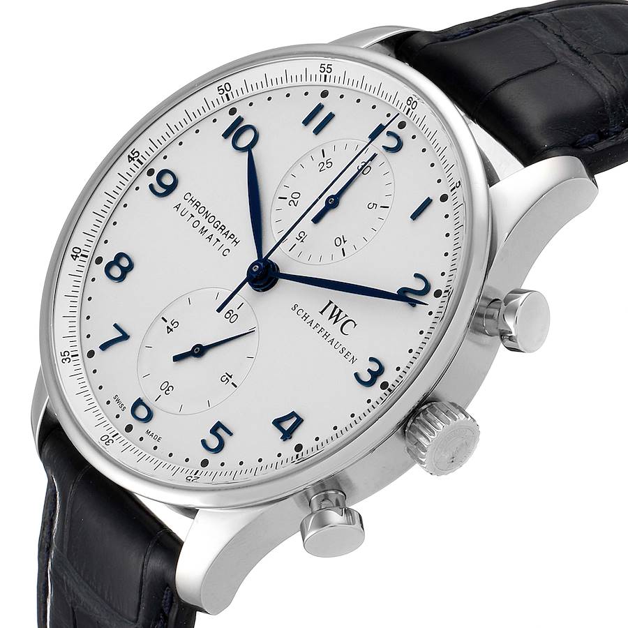 IWC Portuguese Chrono Silver Dial Blue Hands Steel Mens Watch IW371446 ...