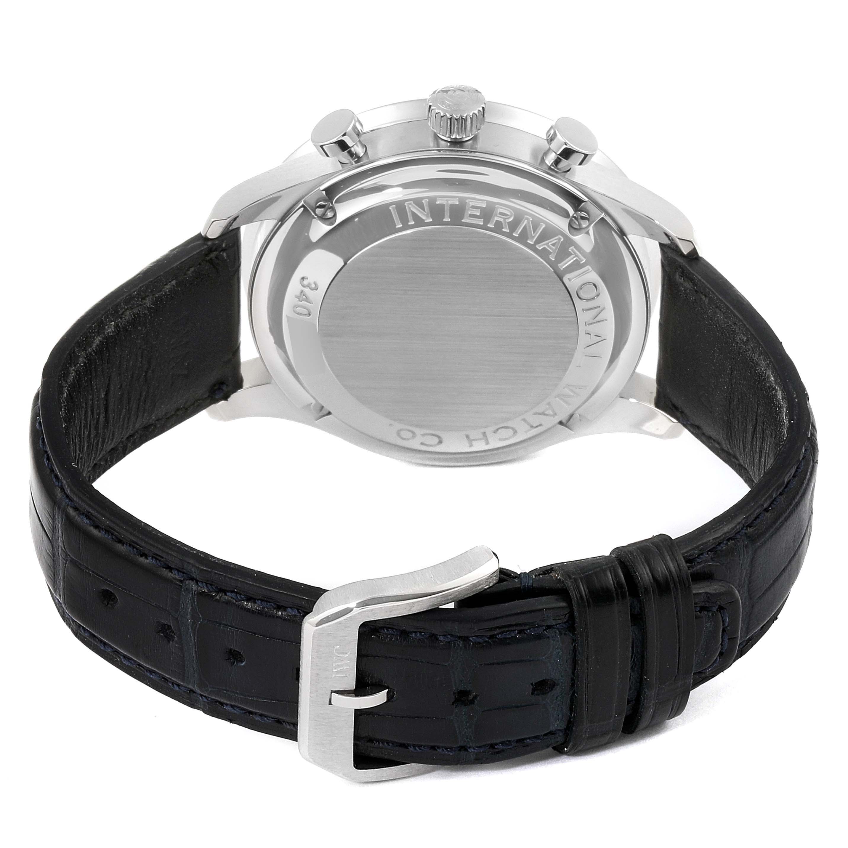 The image shows the backside of an IWC Portuguese IW371446 Men's Stainless Steel Silver Dial IW371446 Men's Stainless Steel Silver Dial watch, highlighting the case back, crown, chronograph buttons, and leather strap.