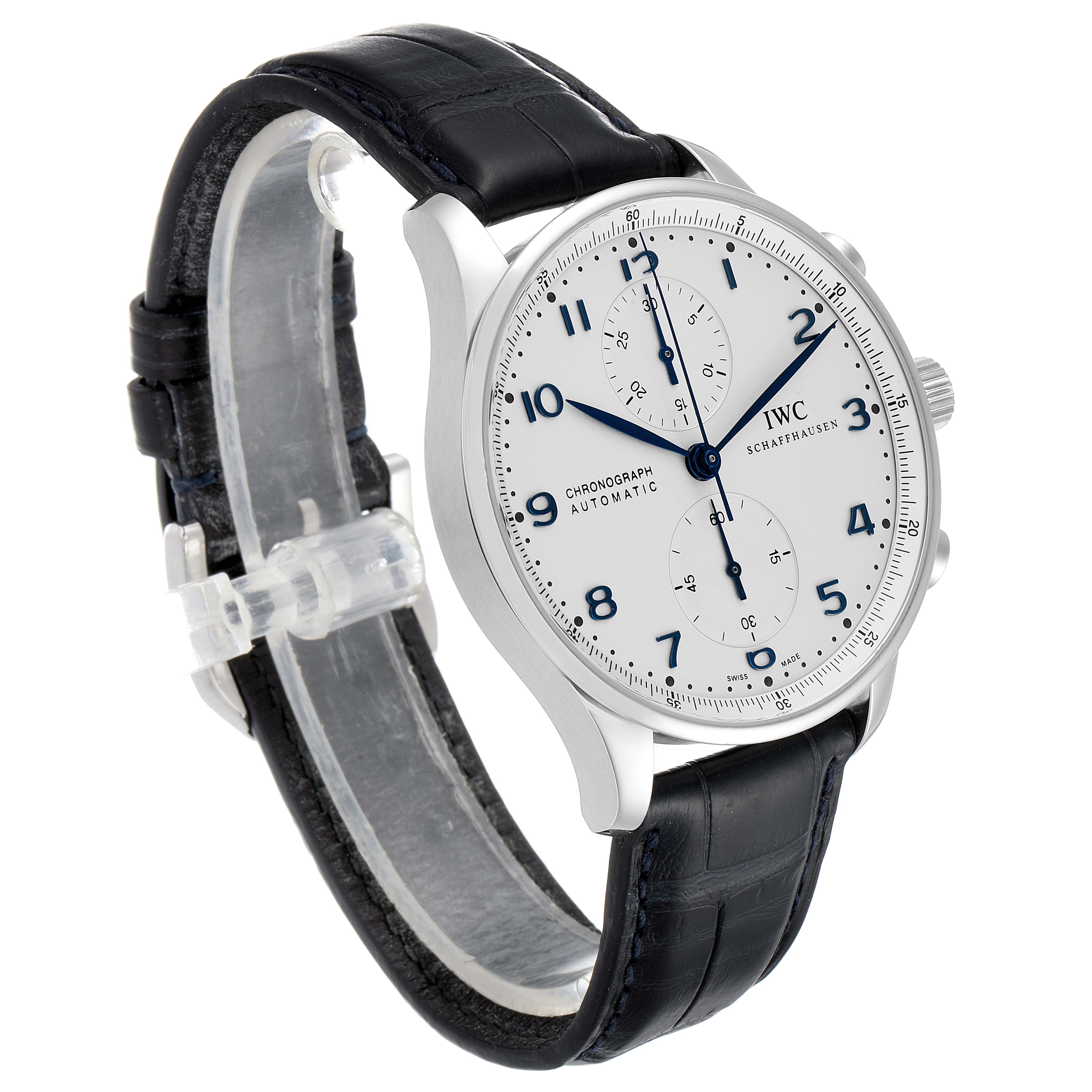 The image shows an IWC Portuguese IW371446 Men's Stainless Steel Silver Dial IW371446 Men's Stainless Steel Silver Dial model watch at a side-front angle, highlighting the dial, bezel, and leather strap.