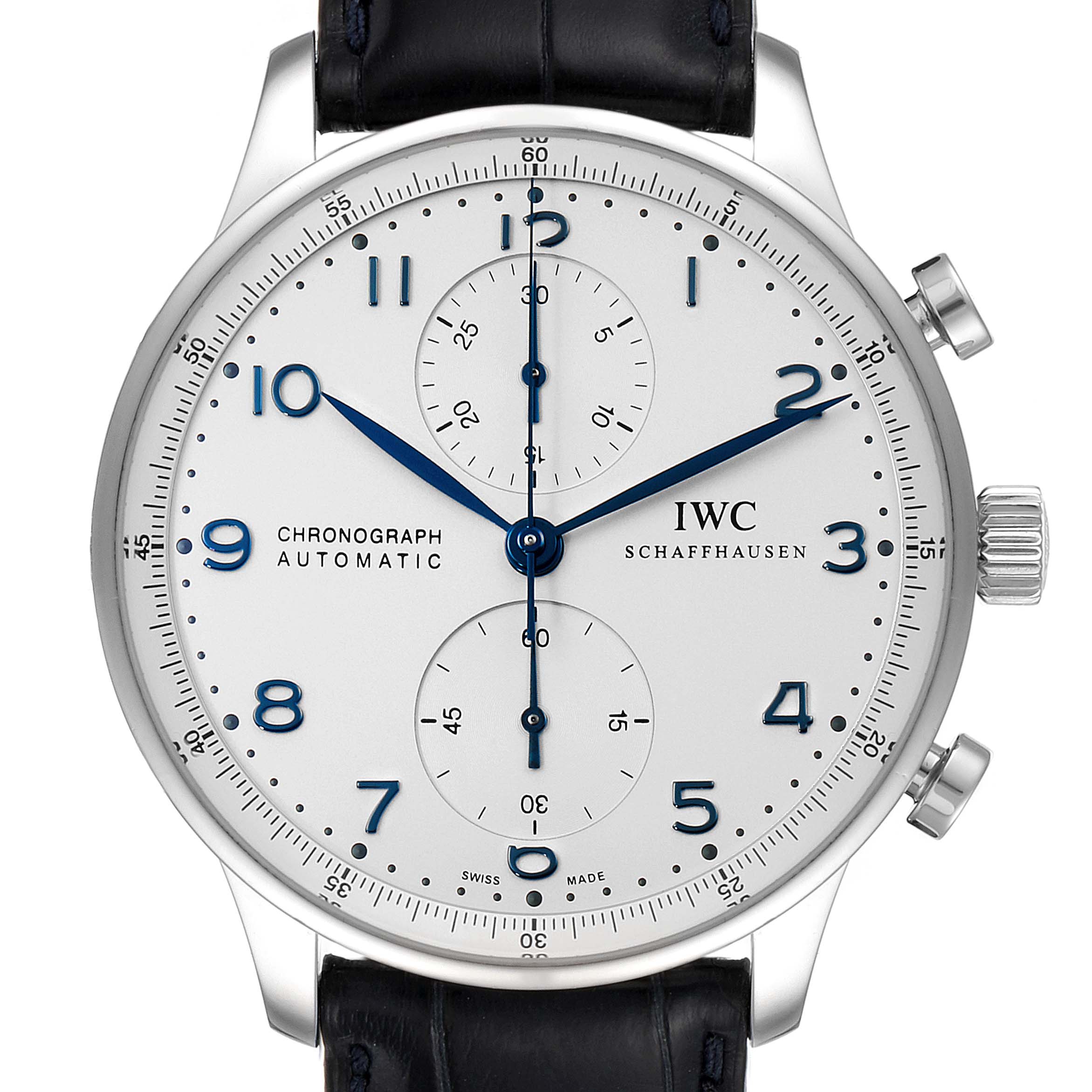 Front view of the IWC Portuguese IW371446 Men's Stainless Steel Silver Dial IW371446 Men's Stainless Steel Silver Dial chronograph watch, showing the dial, sub-dials, crown, pushers, and part of the leather strap.
