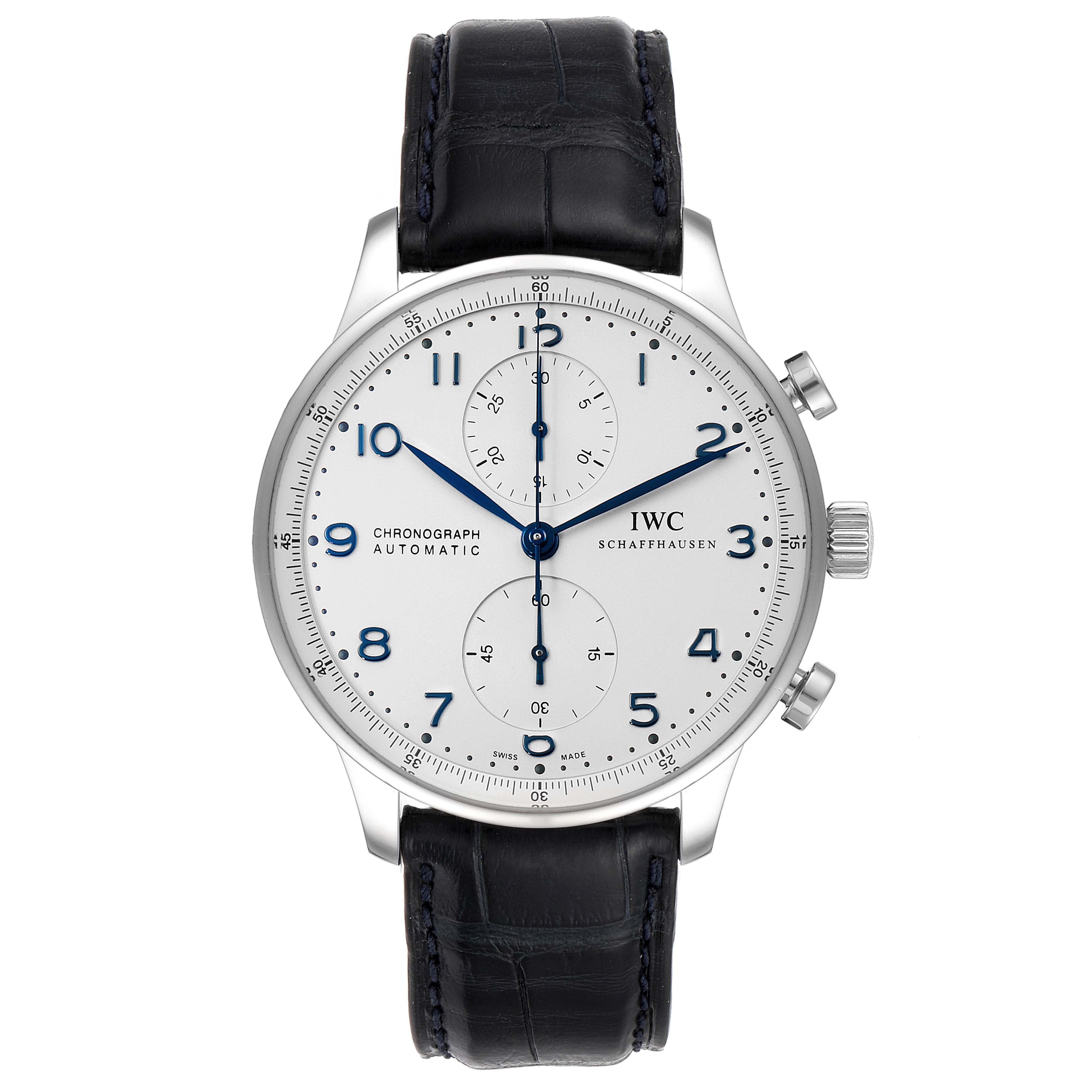 This image shows a front view of an IWC Portuguese IW371446 Men's Stainless Steel Silver Dial IW371446 Men's Stainless Steel Silver Dial Chronograph watch with a leather strap and two pushers on the side.