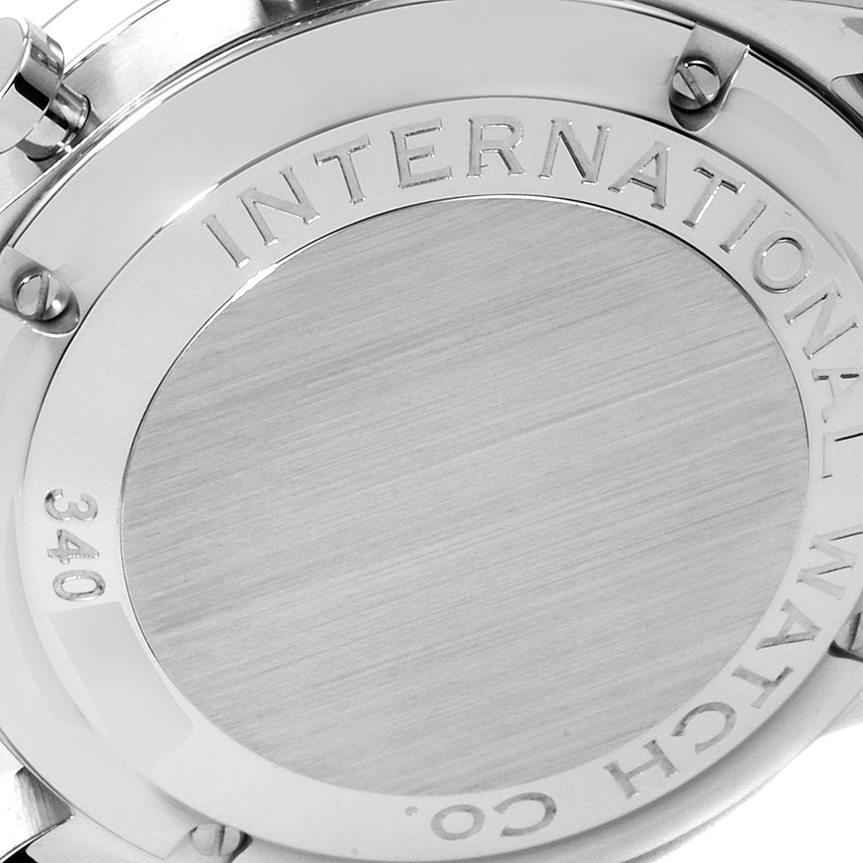 This image shows the case back of the IWC Portuguese IW371446 Men's Stainless Steel Silver Dial IW371446 Men's Stainless Steel Silver Dial model watch at an angle.